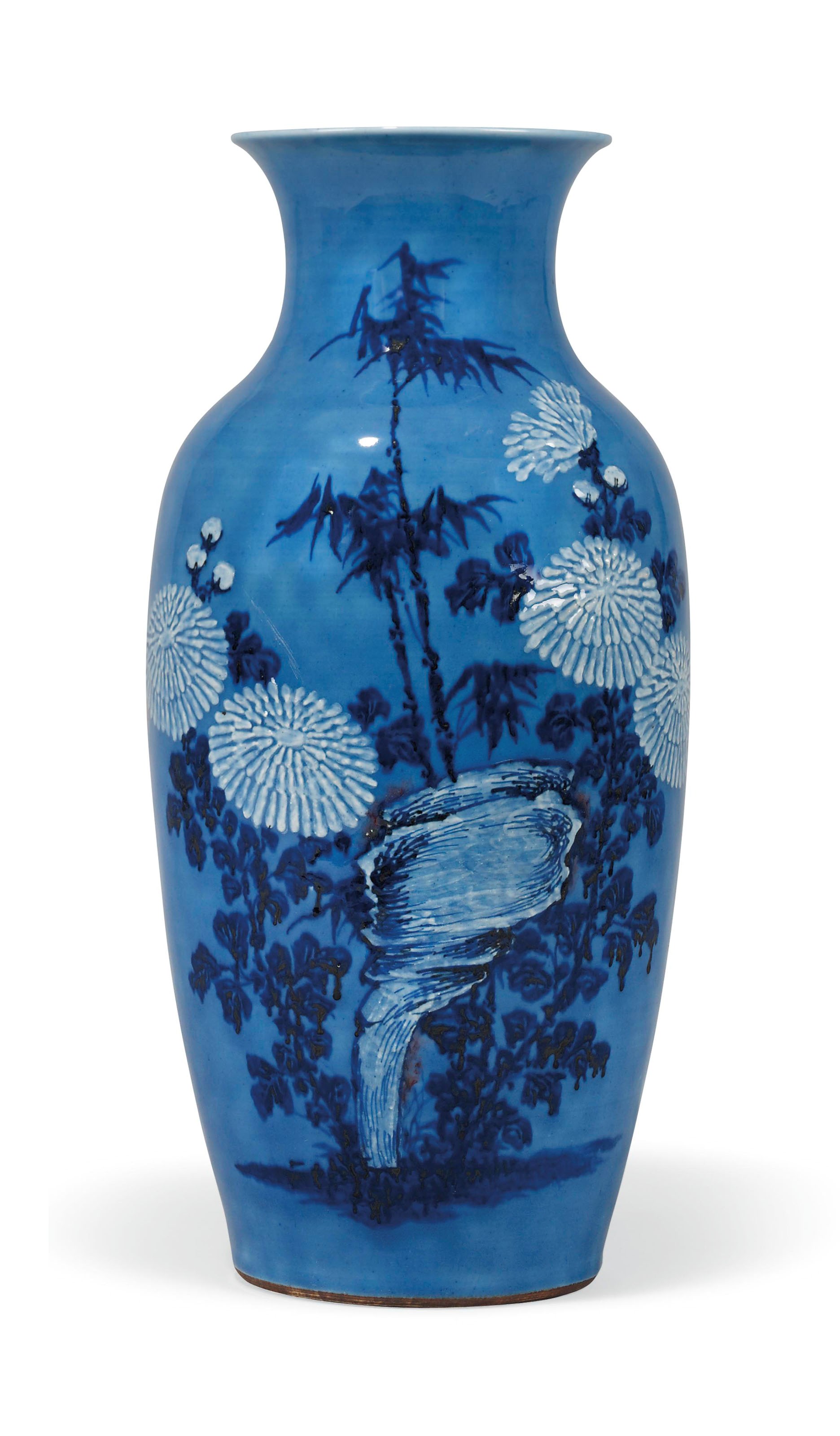 A LARGE CHINESE BLUE-GROUND BALUSTER VASE
