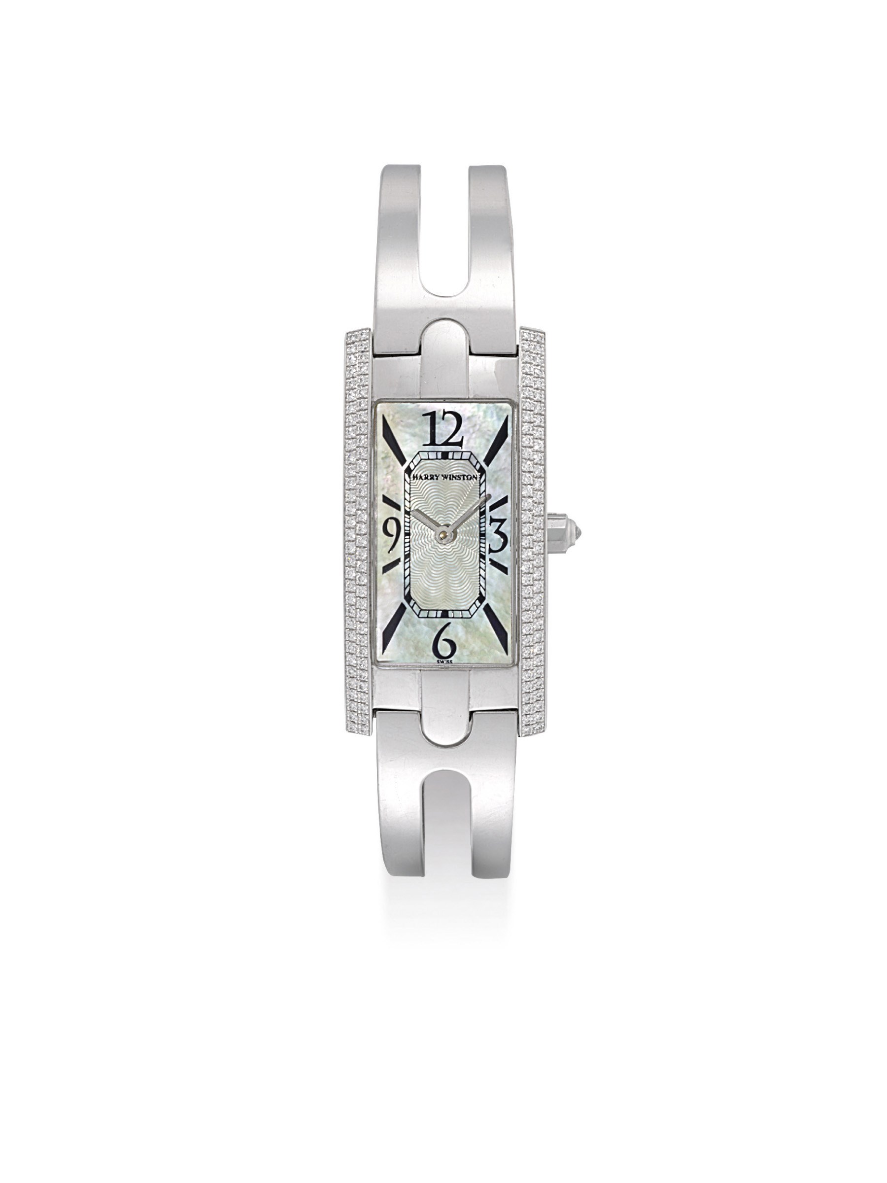 HARRY WINSTON. A LADY'S 18K WHITE GOLD AND DIAMOND-SET RECTANGULAR BANGLE WATCH WITH MOTHER-OF-PEARL DIAL