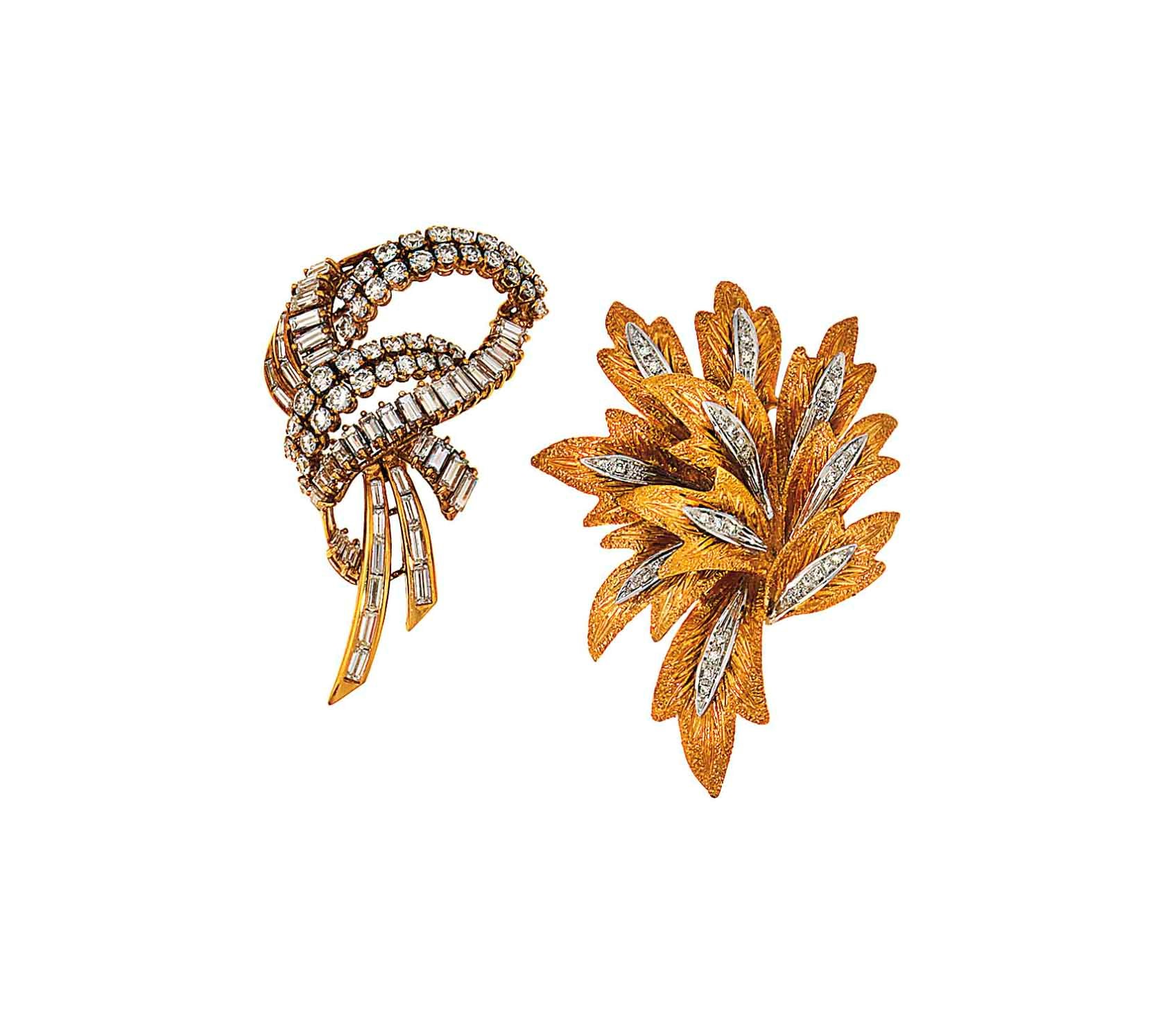 Two diamond-set brooches