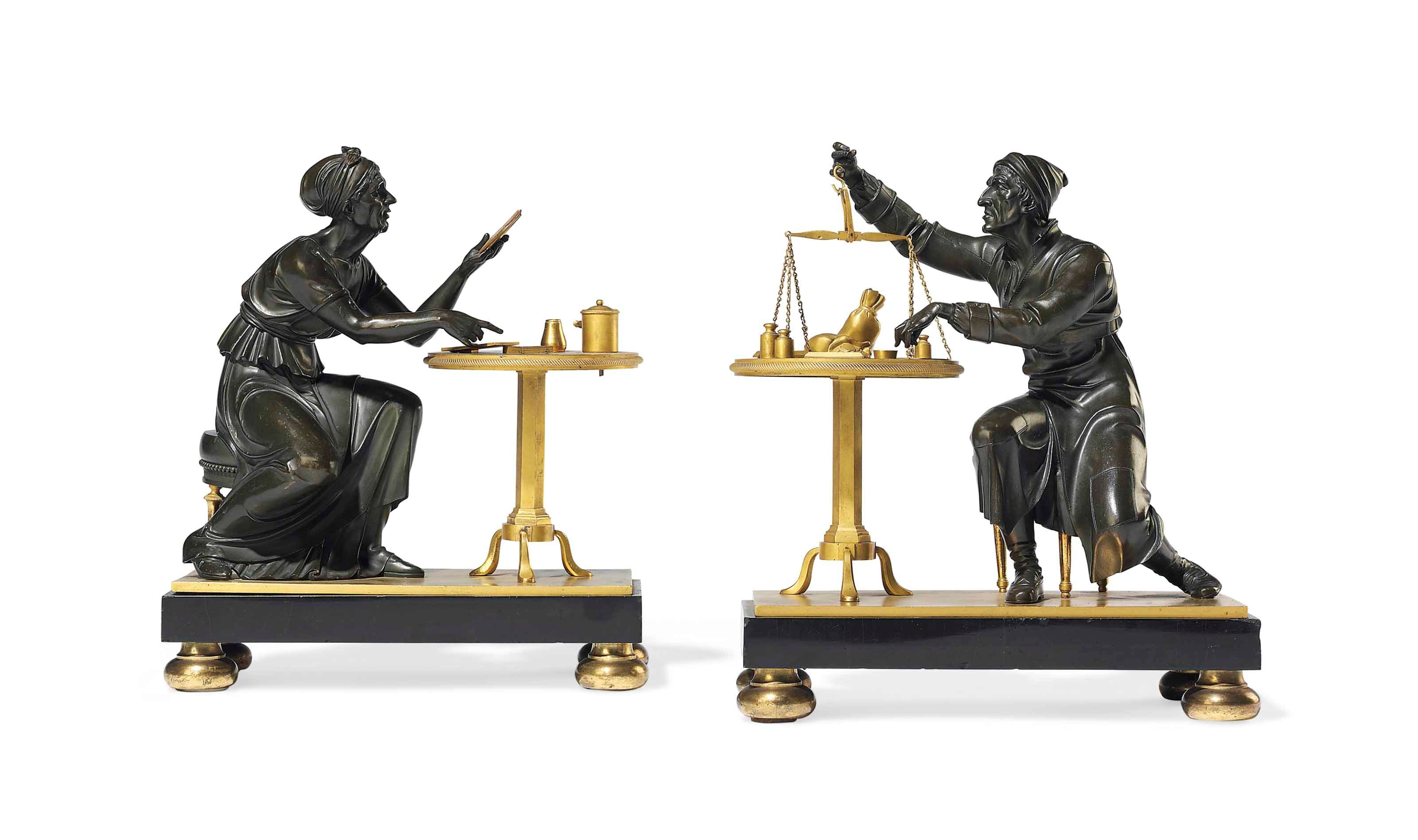 A PAIR OF DIRECTOIRE ORMOLU AND PATINATED BRONZE FIGURATIVE GROUPS