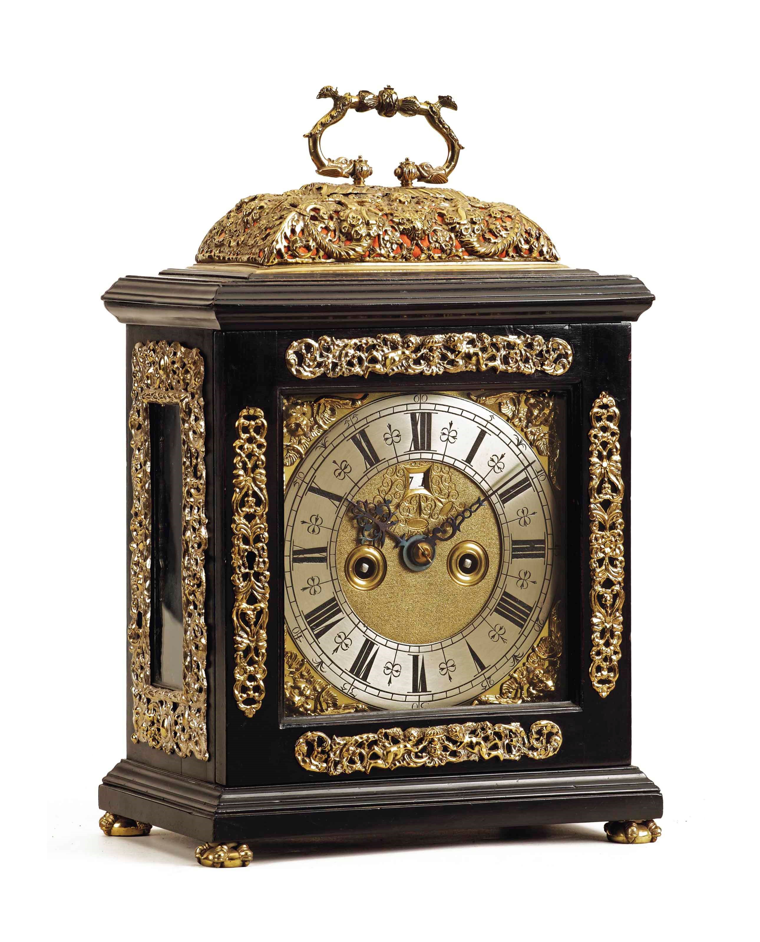 A WILLIAM III EBONIZED AND BRASS-MOUNTED TABLE CLOCK WITH PULL REPEAT