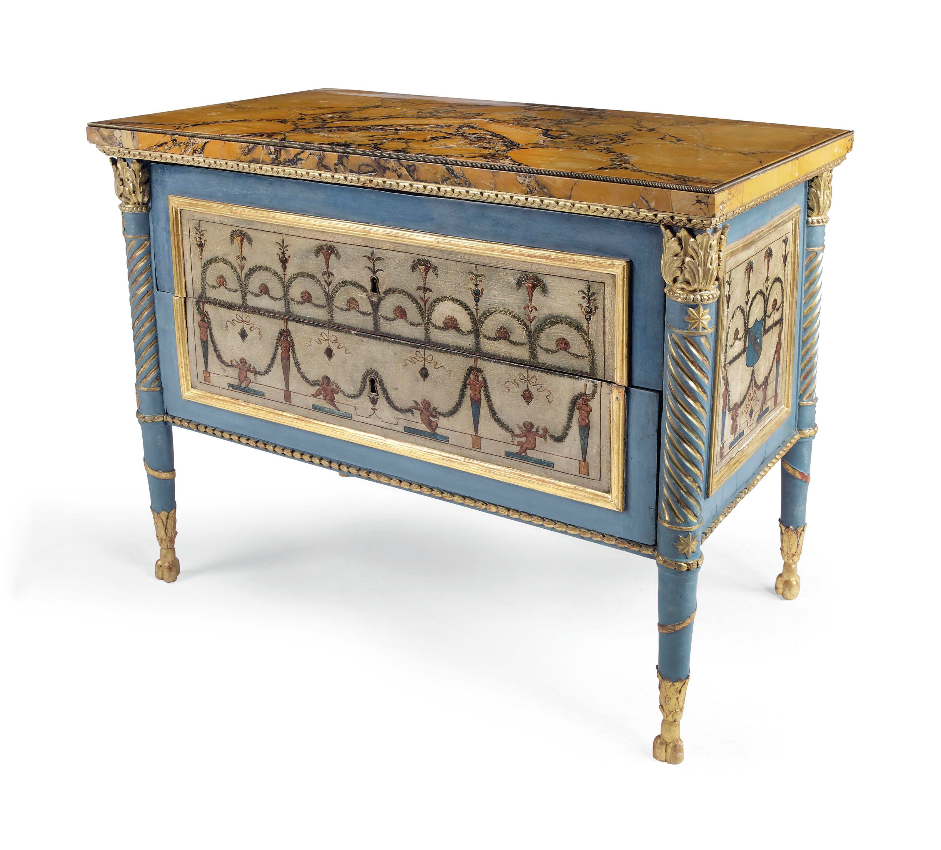 An Italian parcel-gilt and blue and white-painted commode