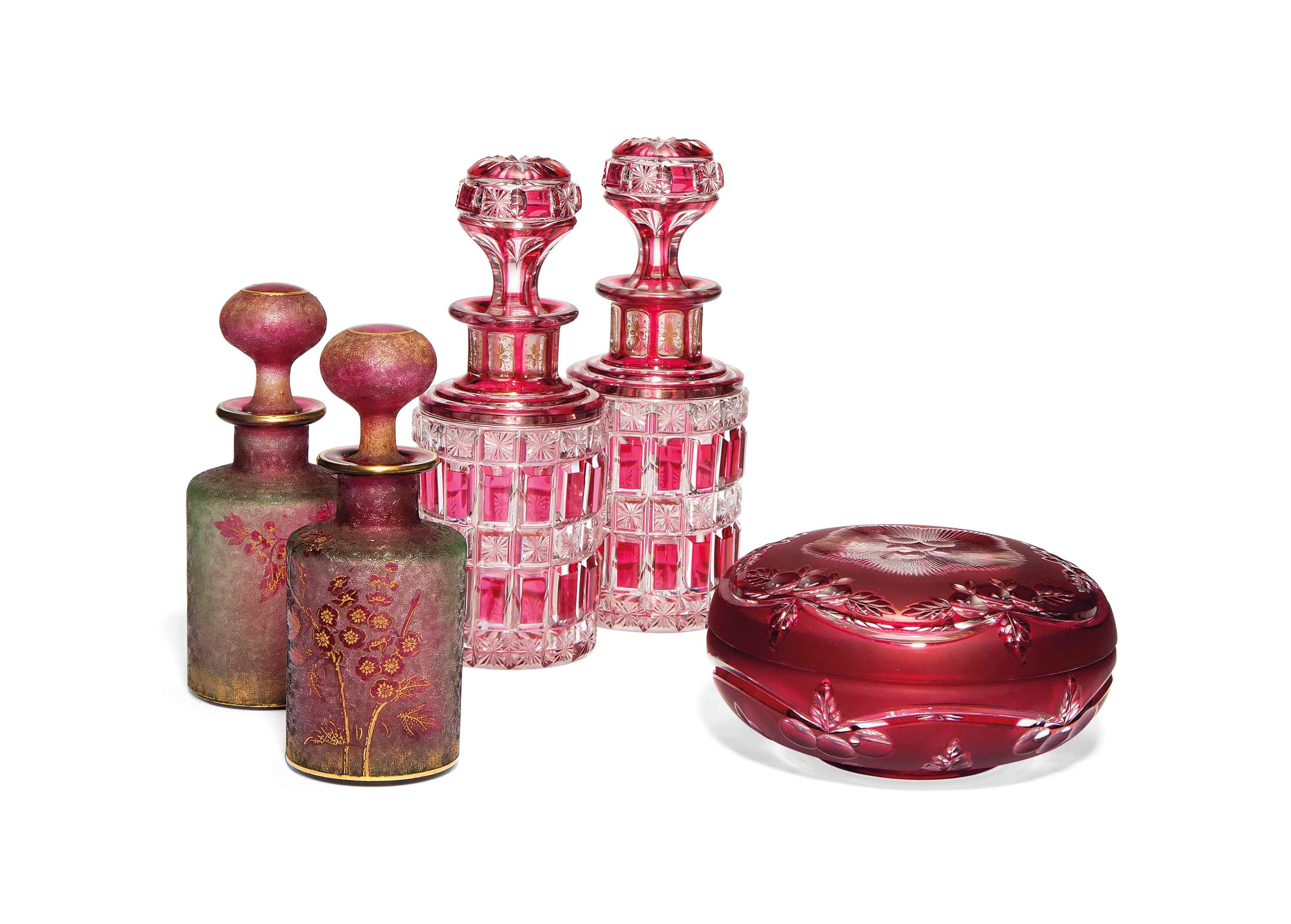TWO PAIRS OF BACCARAT SCENT-BOTTLES AND STOPPERS AND A CIRCULAR BOX AND COVER