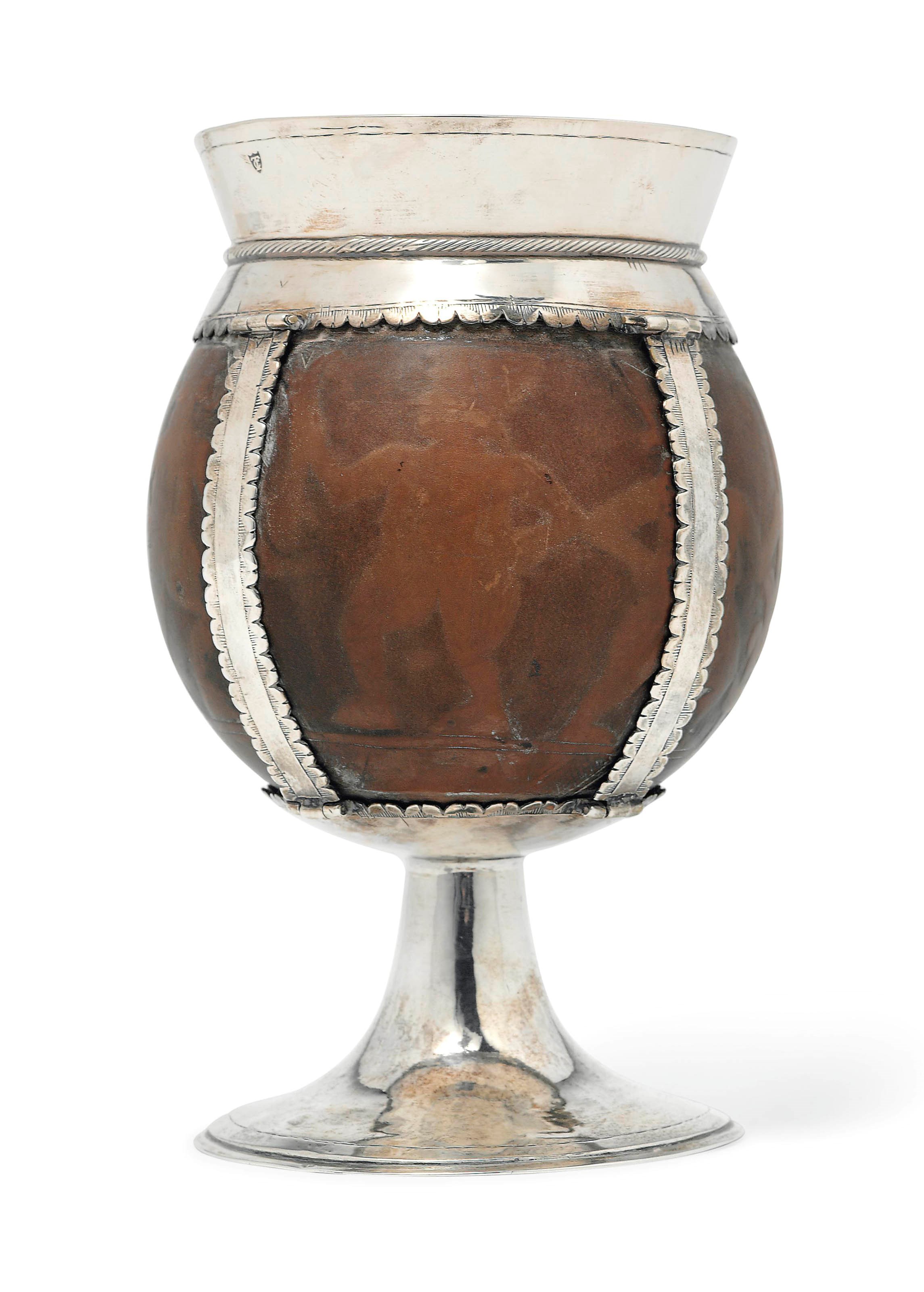 A SILVER-MOUNTED GOURD CUP