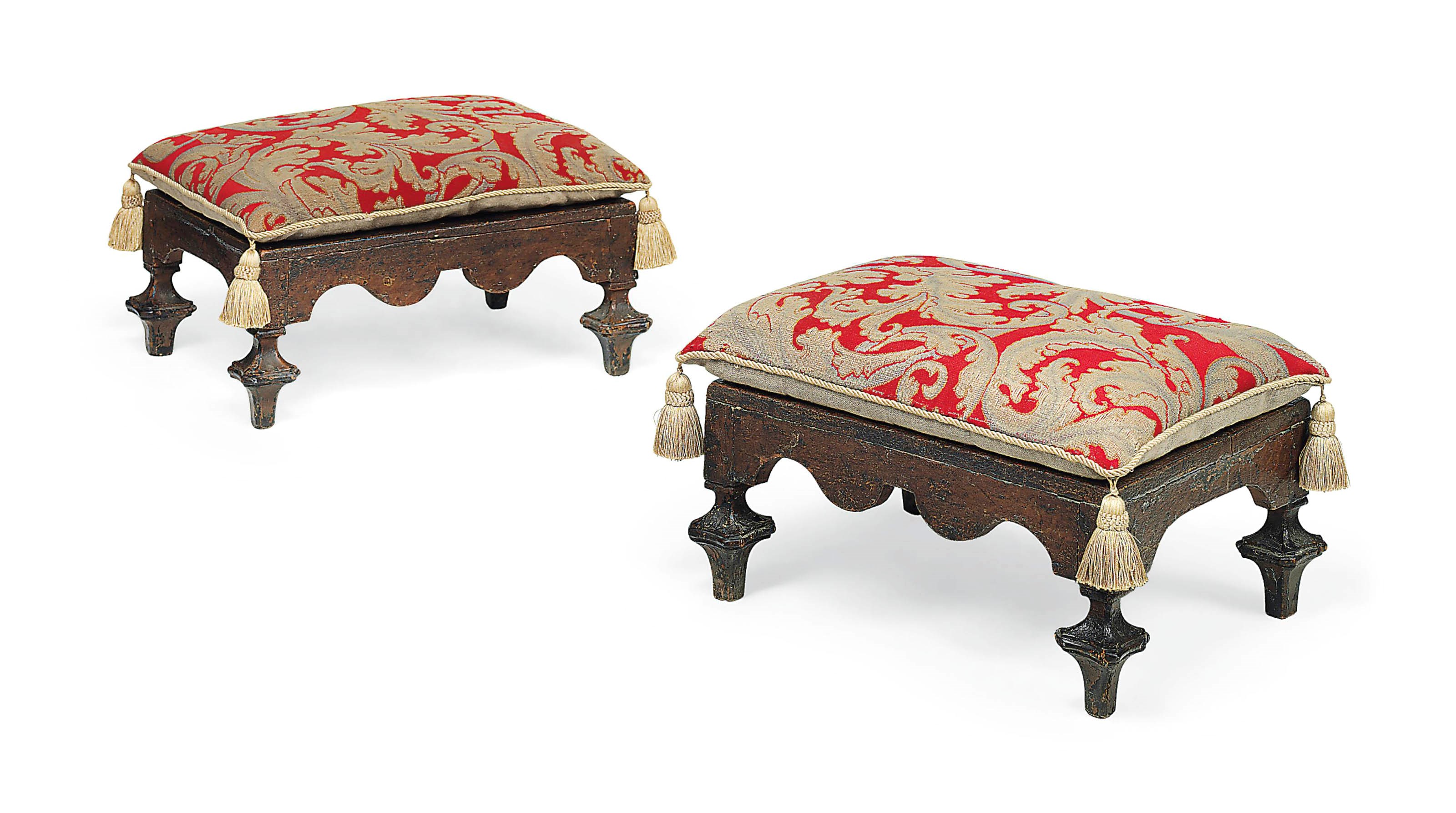 A PAIR OF SPANISH GRAINED AND WALNUT STOOLS