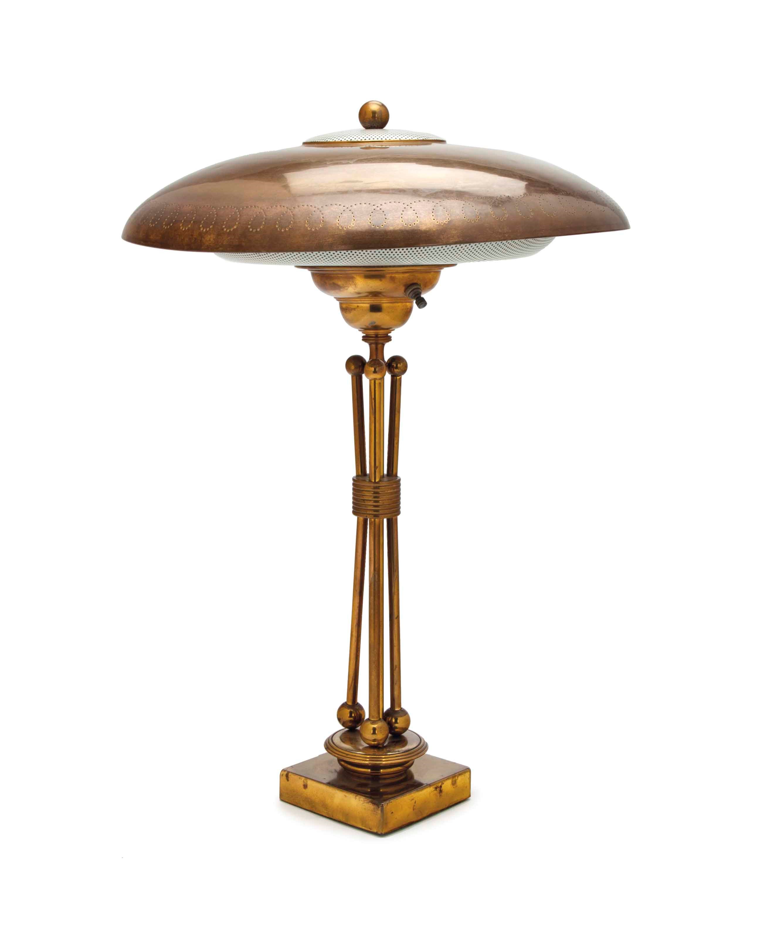 A FRENCH BRASS TABLE LAMP AND SHADE,