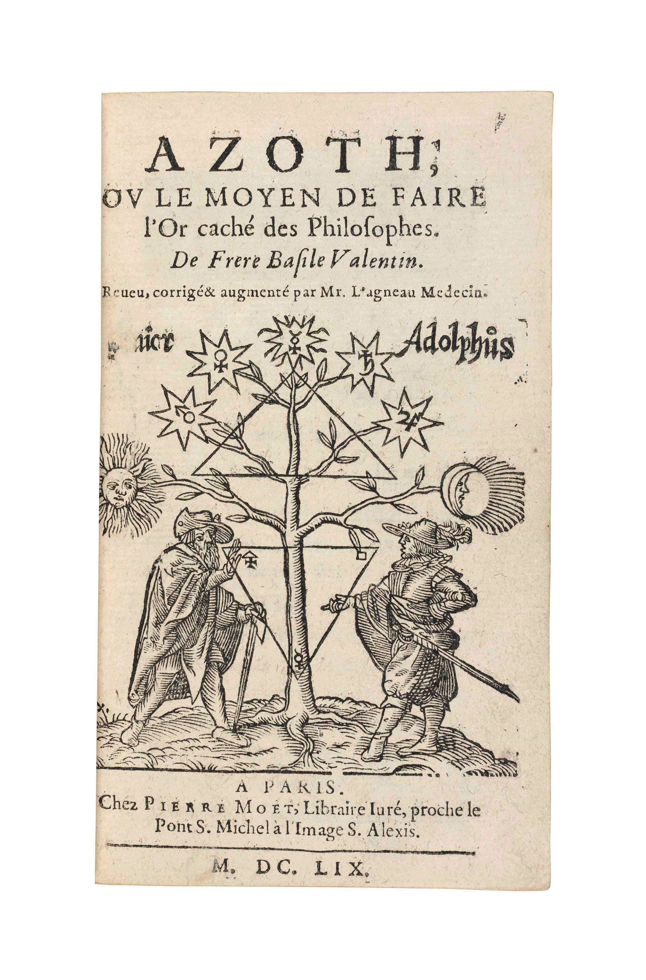 VALENTIN, Basile. Azoth, ou le moyen de faire l'or caché des philosophes. Paris: chez Pierre Moet, 1659. 2 parts in one volume, 8° (156 x 90mm). Large woodcut on title and another large woodcut on I5v, 13 smaller woodcuts in the text. (Part of the title in vol.I rubbed with a few letters missing, repaired worming in lower margins as far as D2). Dark blue morocco by Brugalla, gilt supralibros on sides, gilt turn-ins, gilt edges. Provenance: bought from José Porter, 1952.