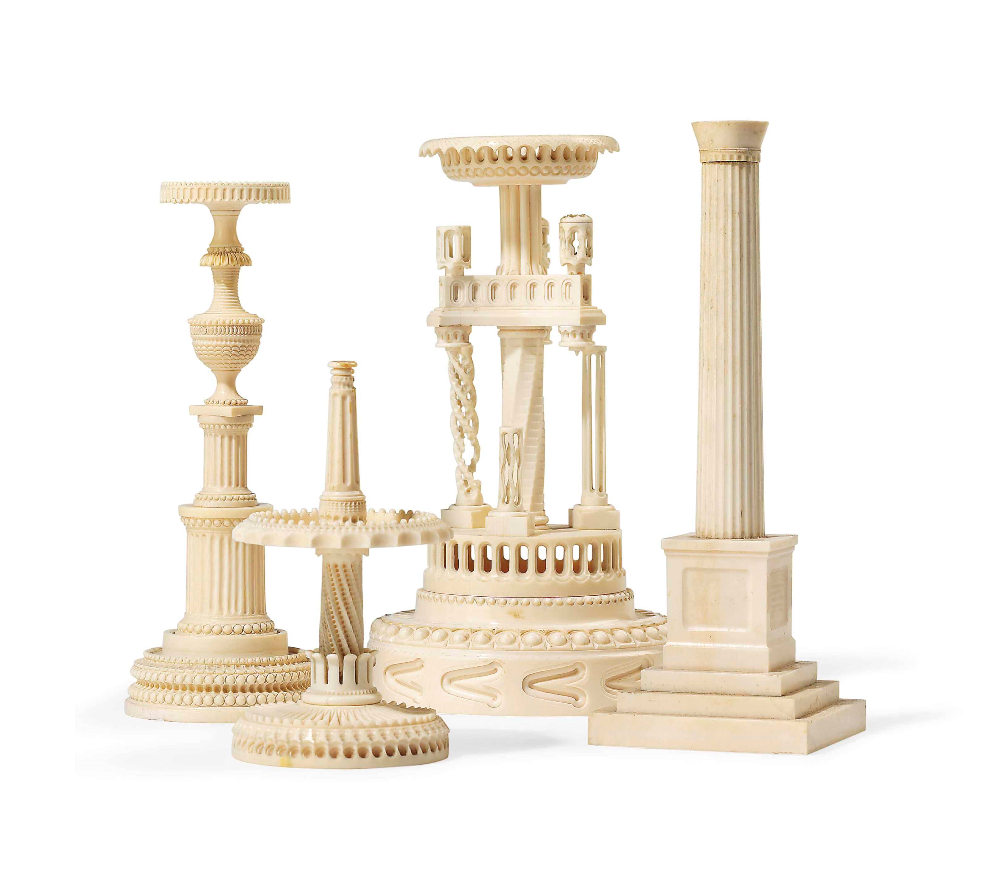 A GROUP OF FOUR ANGLO-INDIAN IVORY TURNED ORNAMENTS