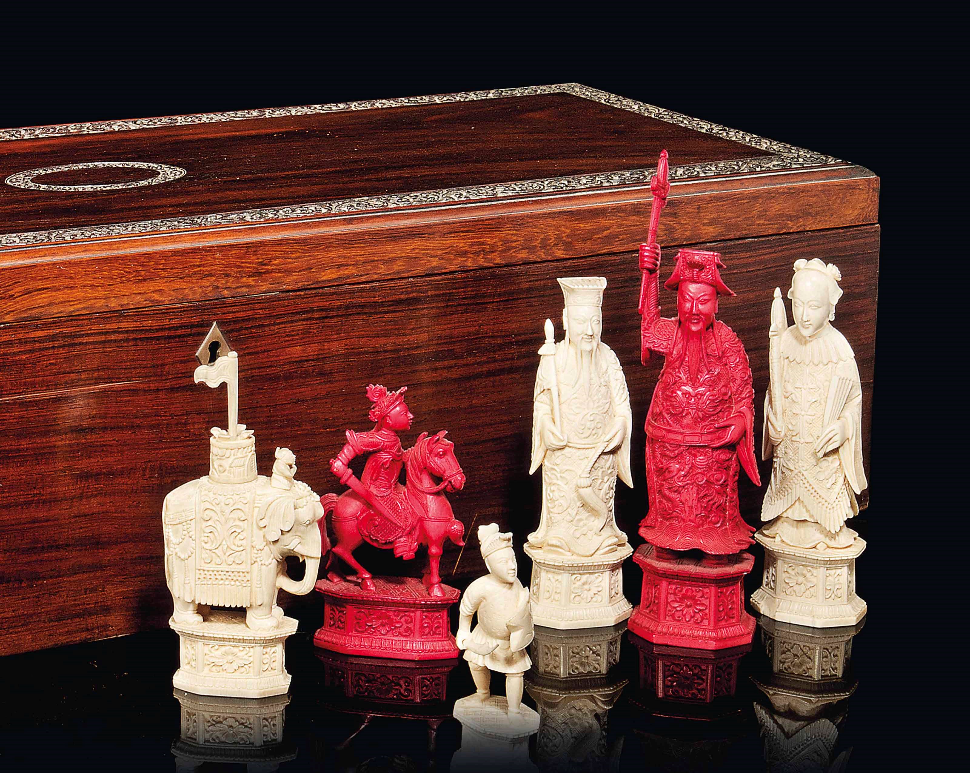A CHINESE-EXPORT IVORY FIGURAL CHESS SET