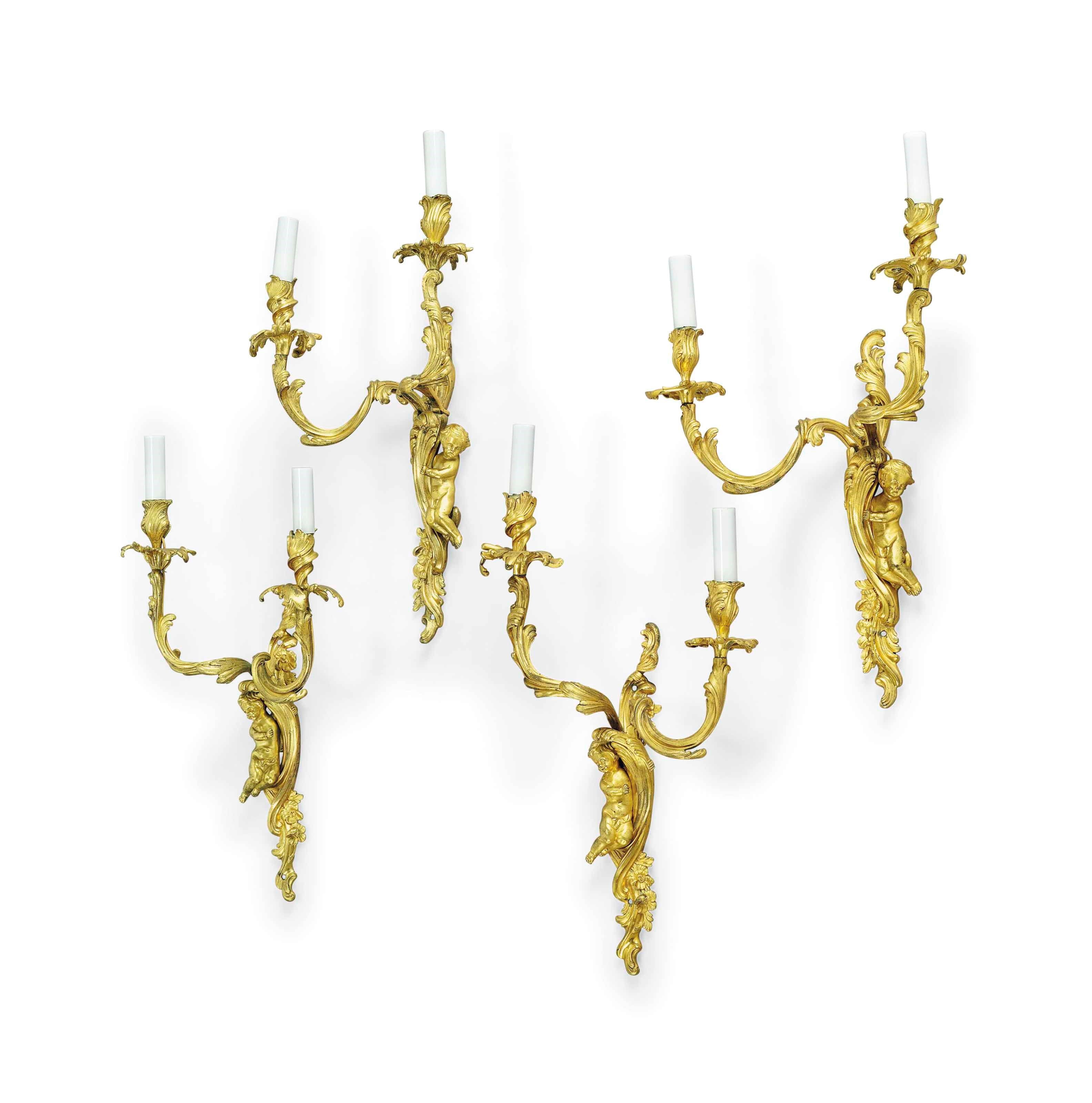 A SET OF FOUR LOUIS XV ORMOLU TWO-LIGHT WALL-LIGHTS