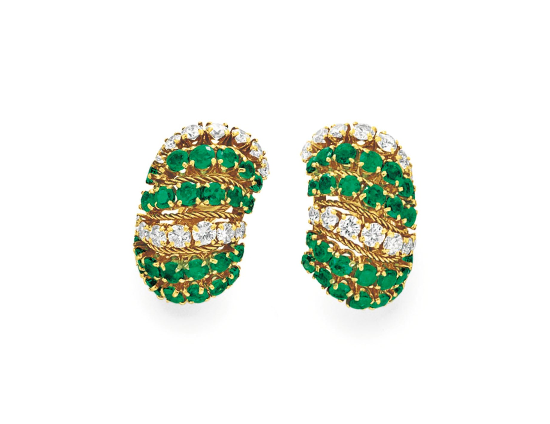 A PAIR OF DIAMOND AND EMERALD EAR CLIPS, BY VAN CLEEF & ARPELS