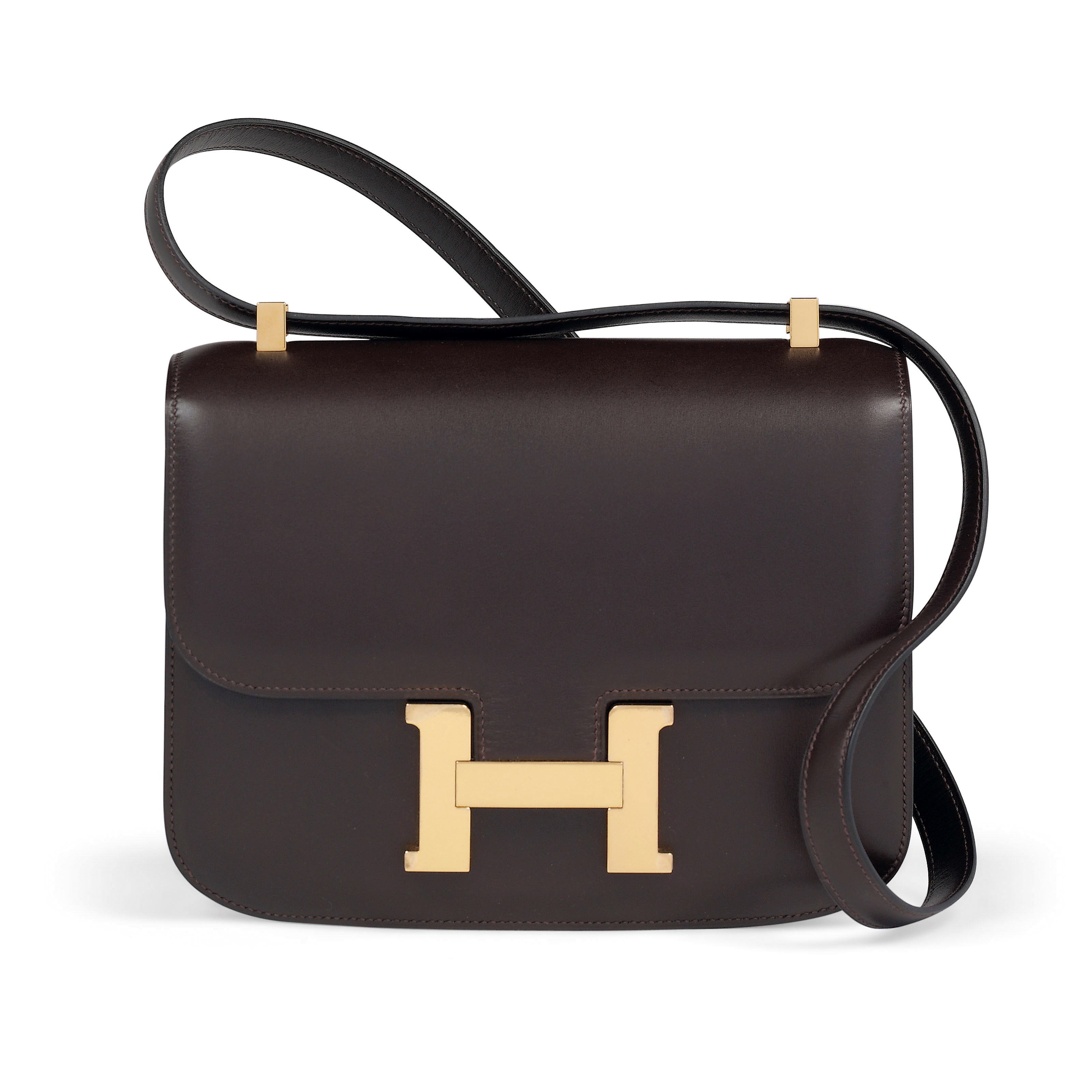 A CHOCOLATE BROWN BOX LEATHER CONSTANCE BAG