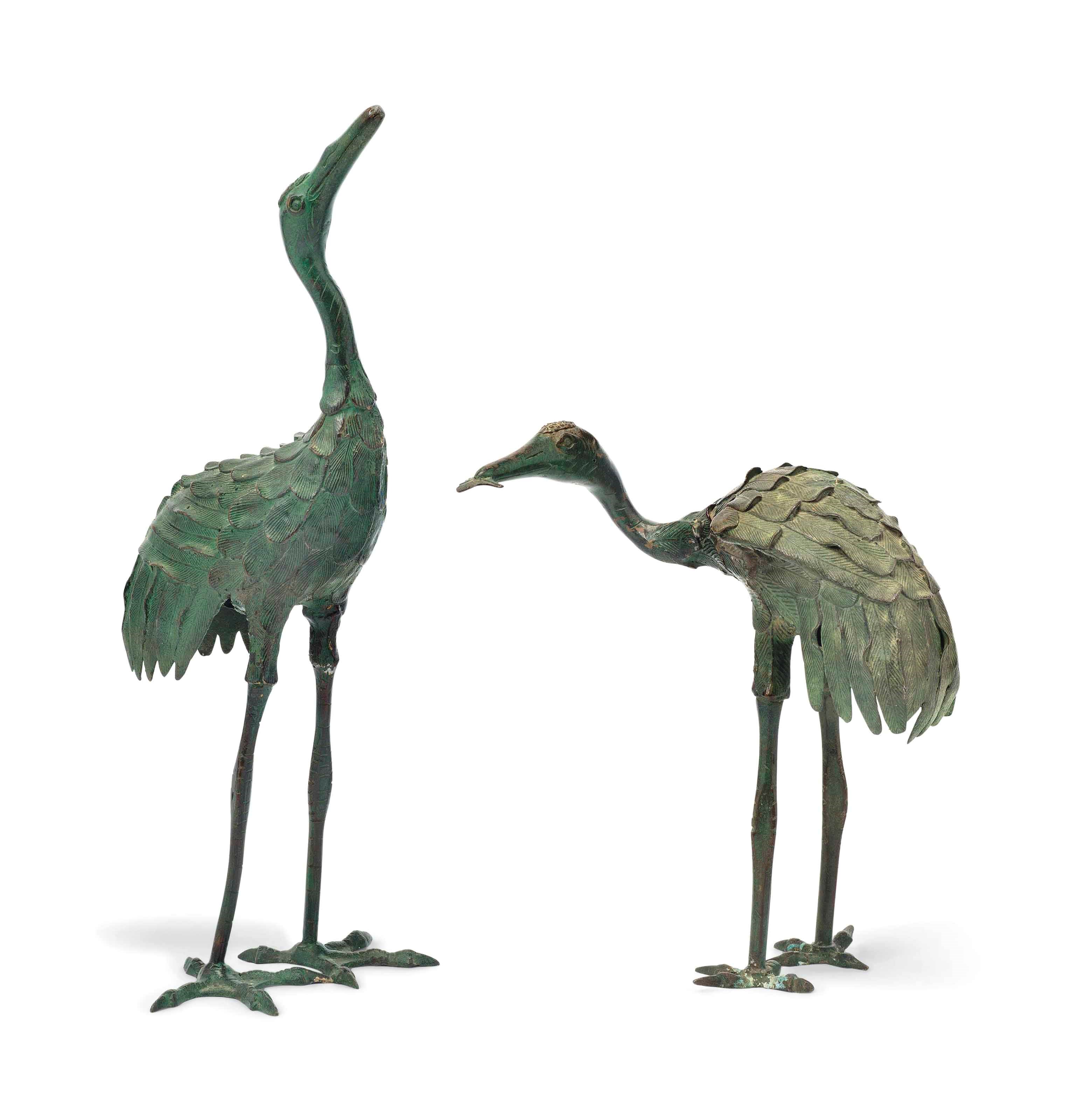 TWO JAPANESE BRONZE CRANES