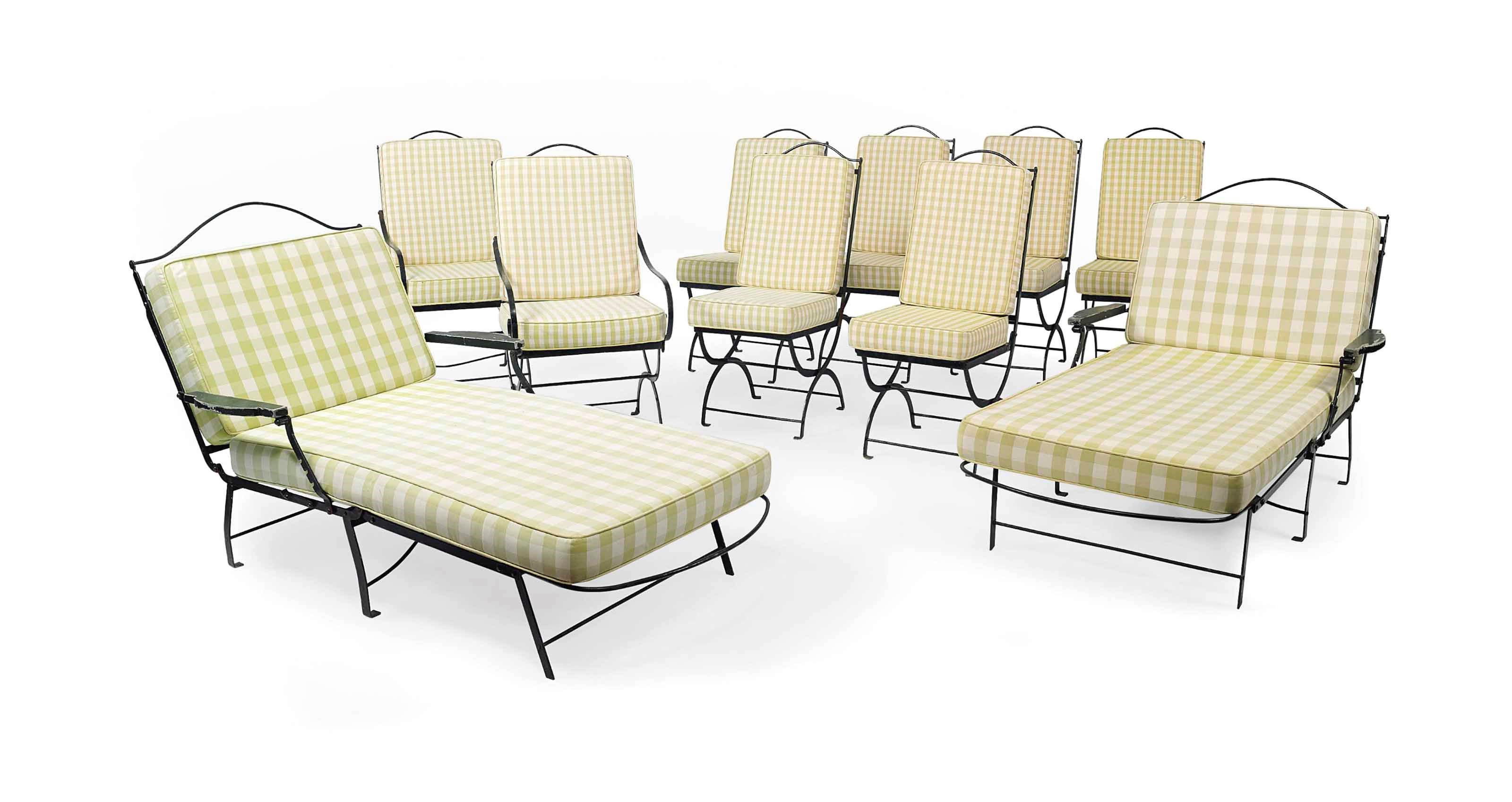 A SUITE OF DARK-GREEN-PAINTED STEEL GARDEN FURNITURE