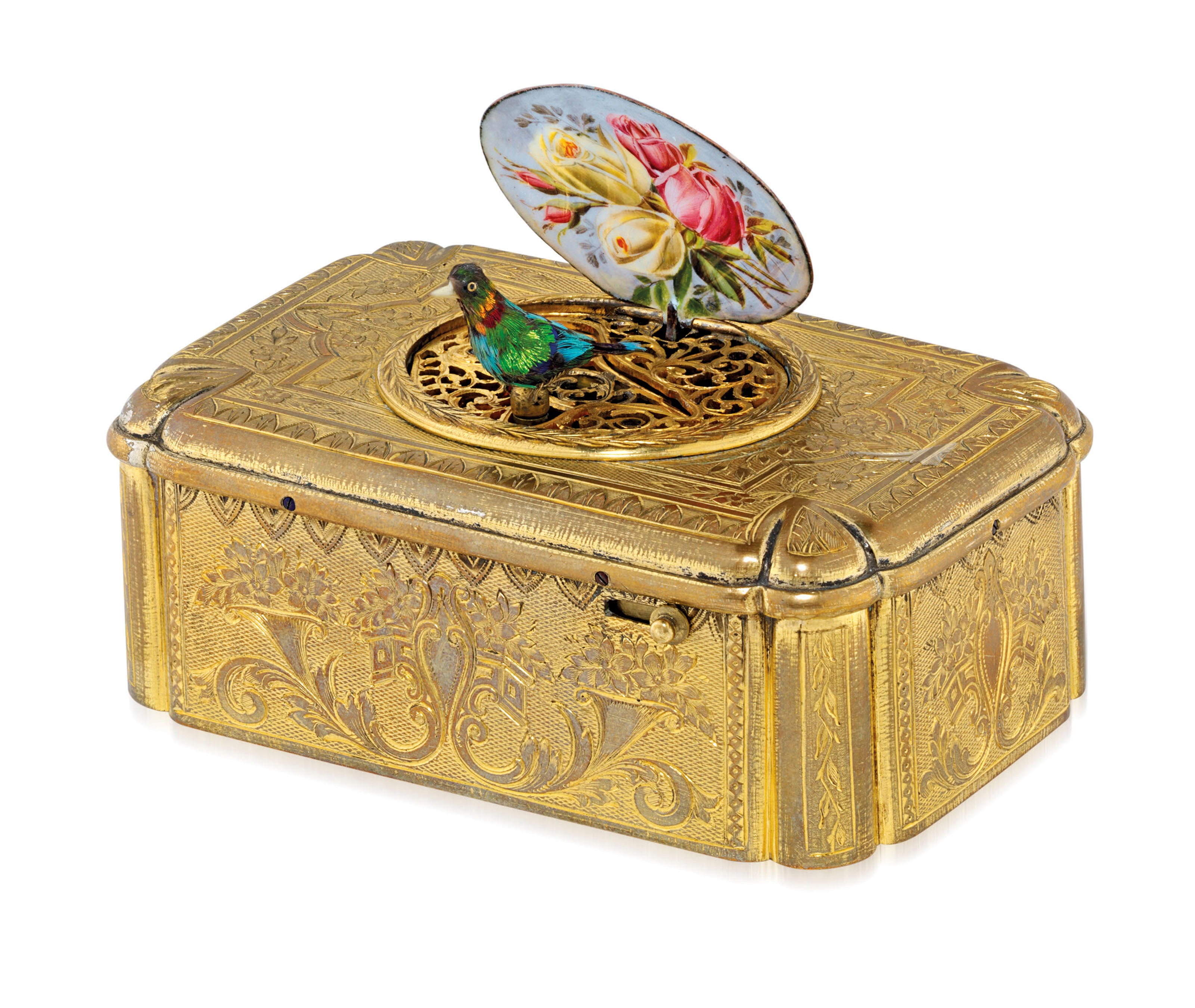 ATTRIBUTED TO BONTEMS PARIS. A GILT AND ENAMEL SINGING BIRD BOX