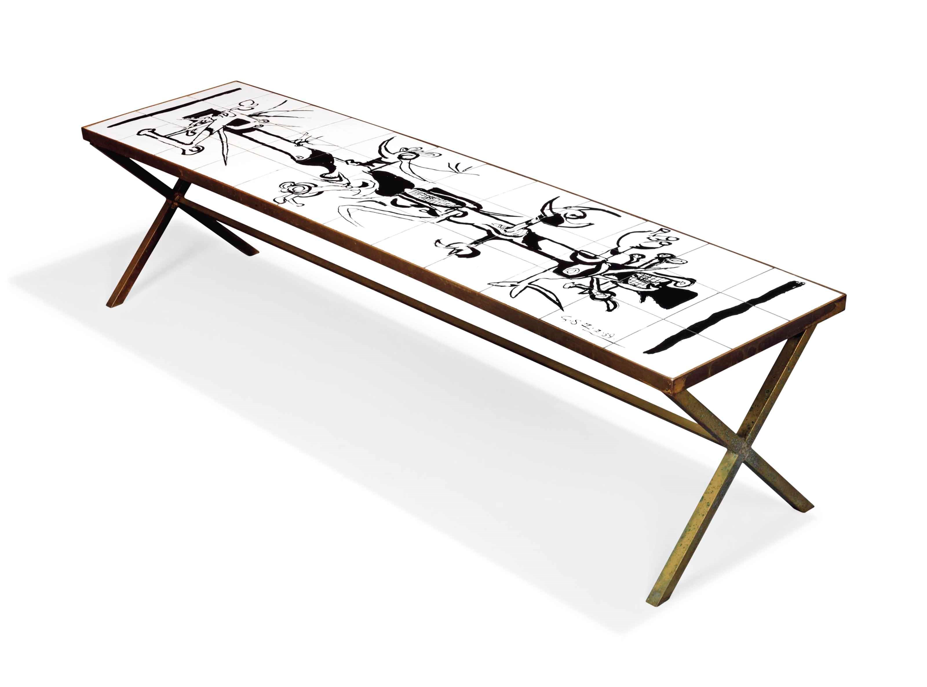 A GRAHAM SUTHERLAND (1903-1980) CERAMIC TILE AND BRASS MOUNTED COFFEE TABLE