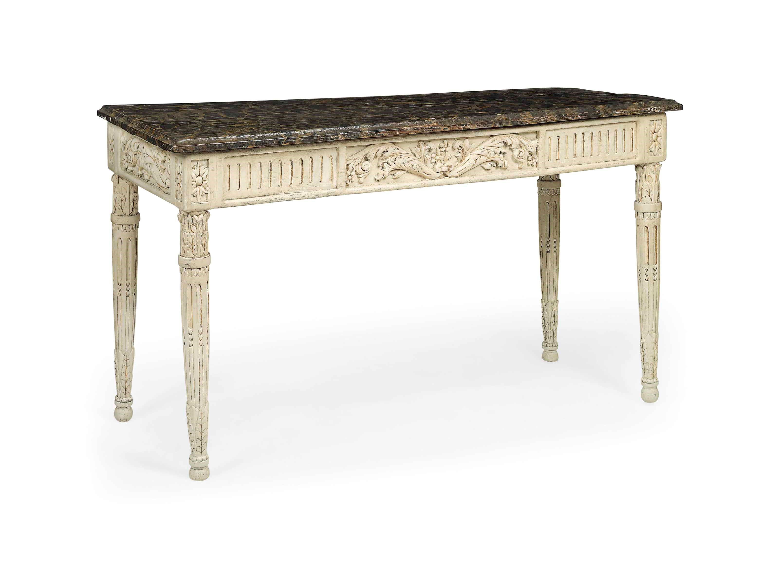 AN ITALIAN WHITE-PAINTED AND SIMULATED MARBLE SIDE TABLE
