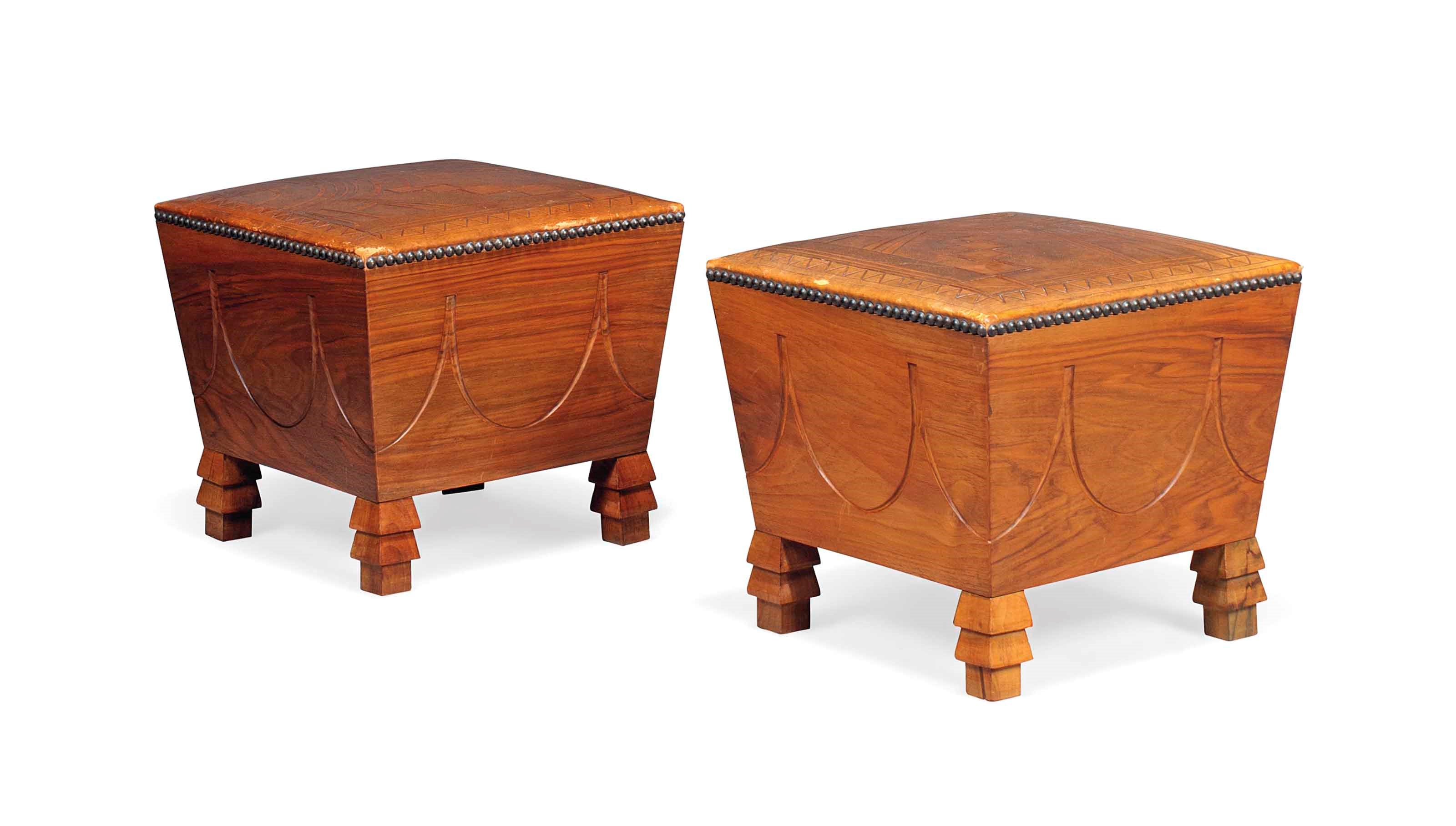 A PAIR OF FRENCH WALNUT FOOTSTOOLS