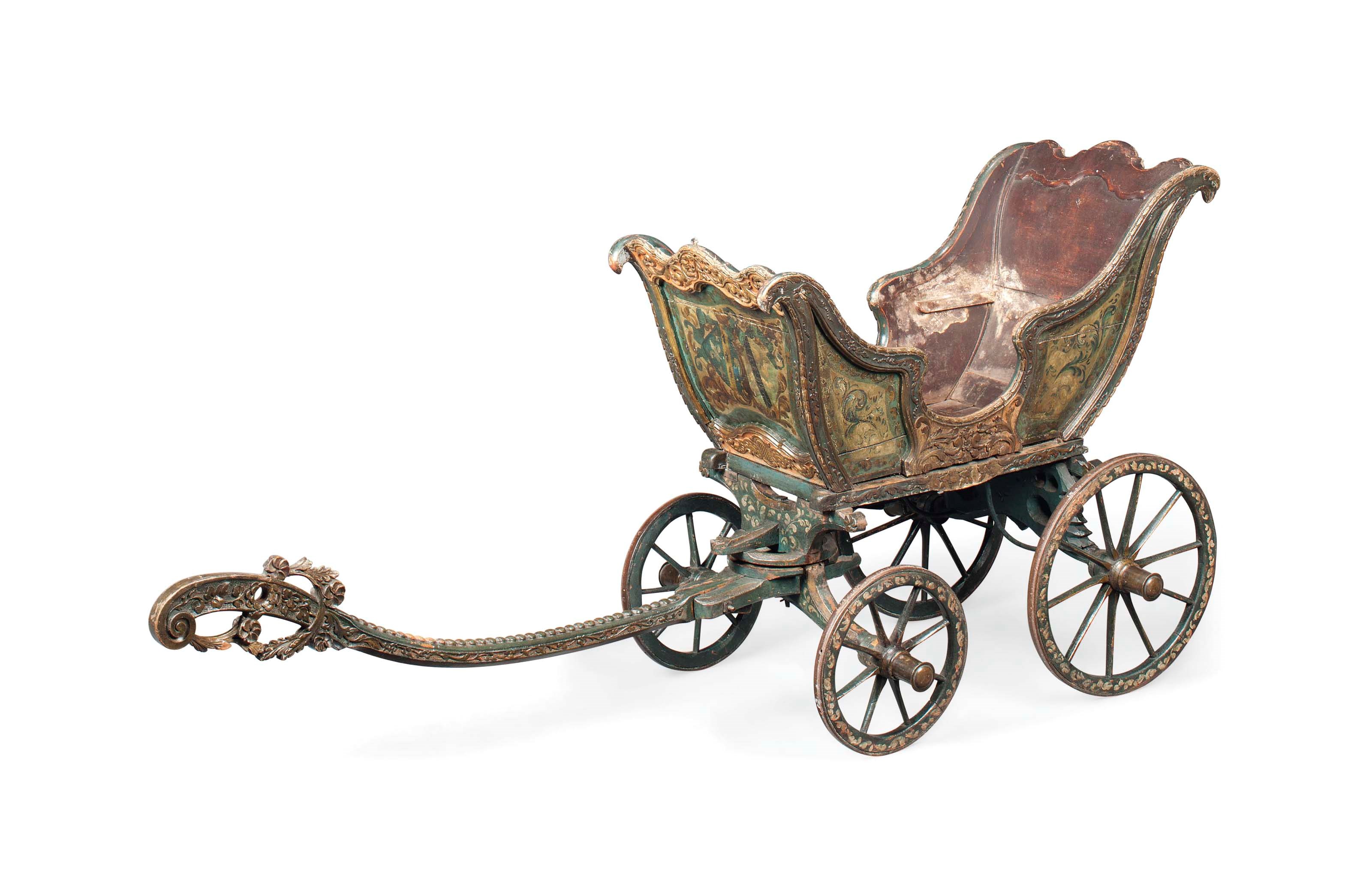 A RARE ITALIAN CARVED AND POLYCHROME DECORATED CHILD'S CARRIAGE