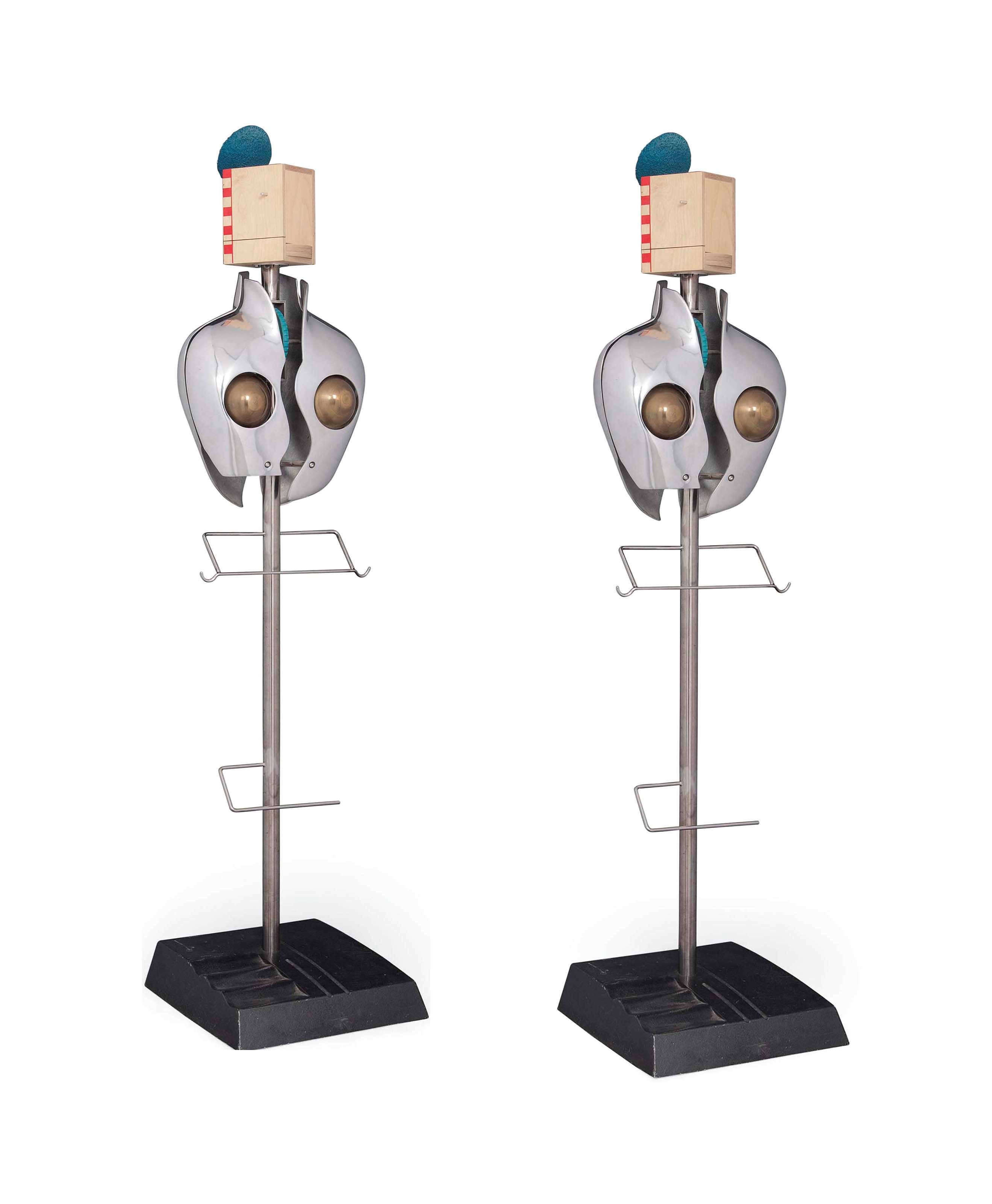 A PAIR OF FUTURISTIC ALUMINIUM AND CAST IRON MANNEQUINS