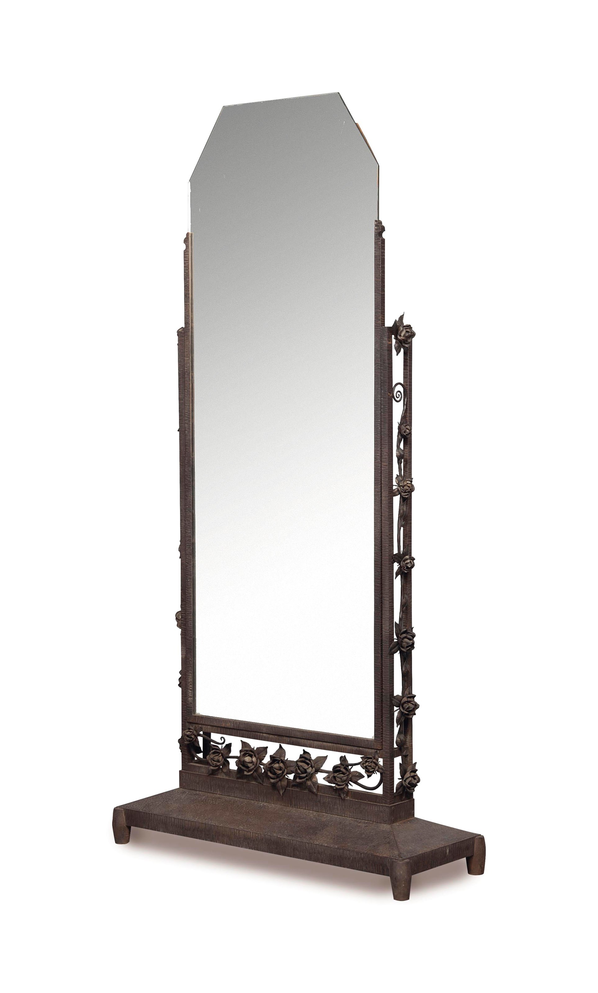 AN ART DECO FRENCH WROUGHT-IRON CHEVAL MIRROR