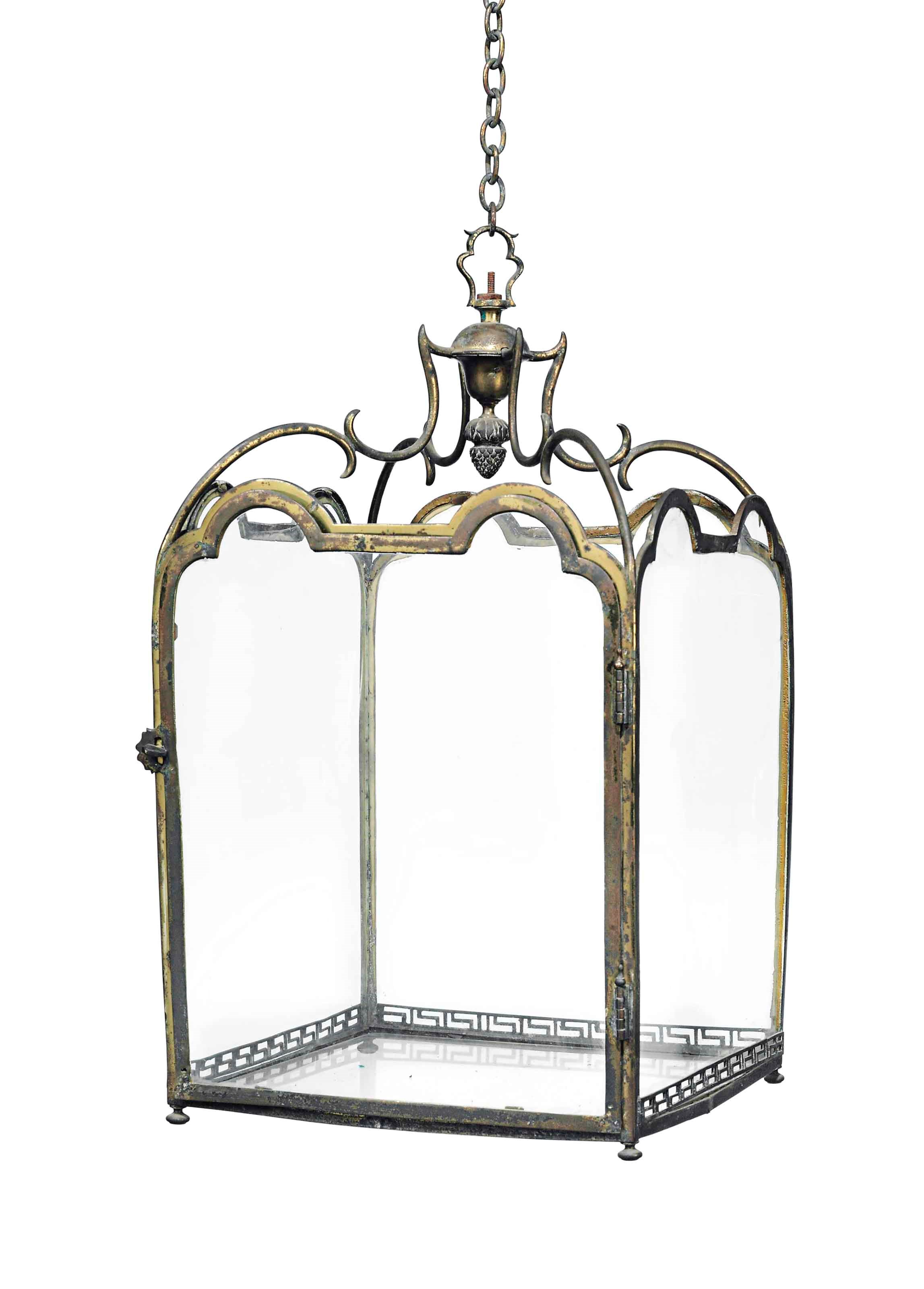 A LARGE GEORGE III LACQUERED-BRASS HALL LANTERN