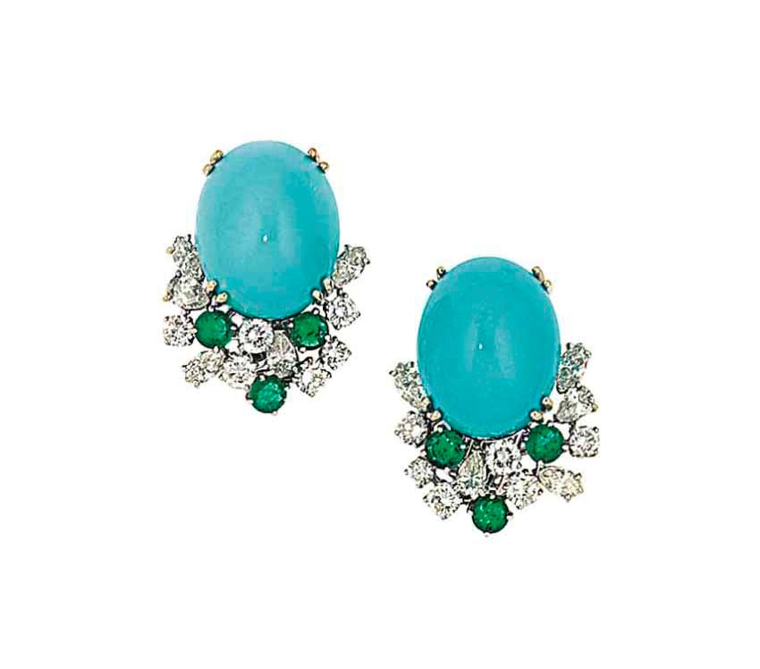 A pair of turquoise and gem-set earclips