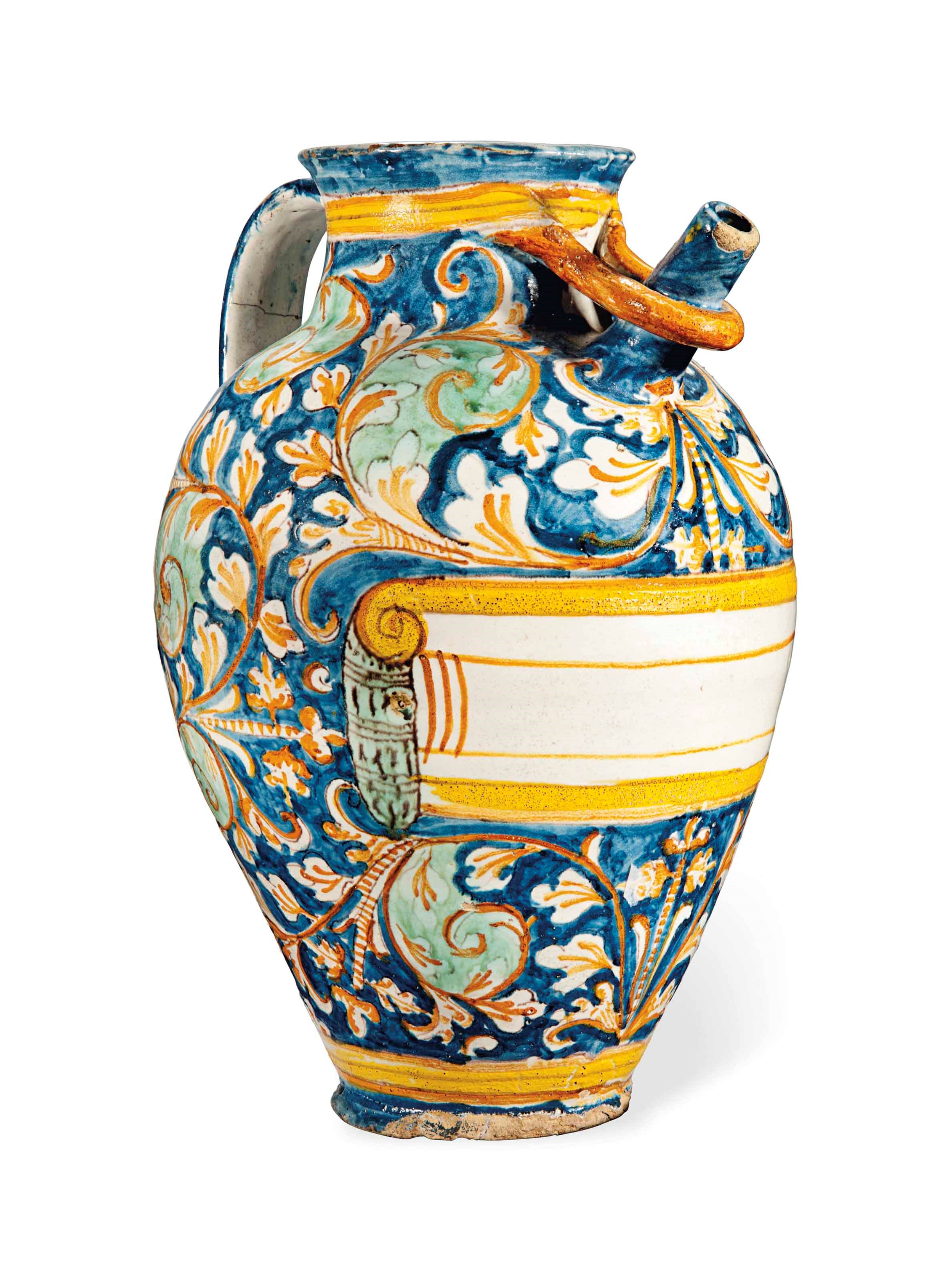 A TUSCAN MAIOLICA LARGE SYRUP-JAR
