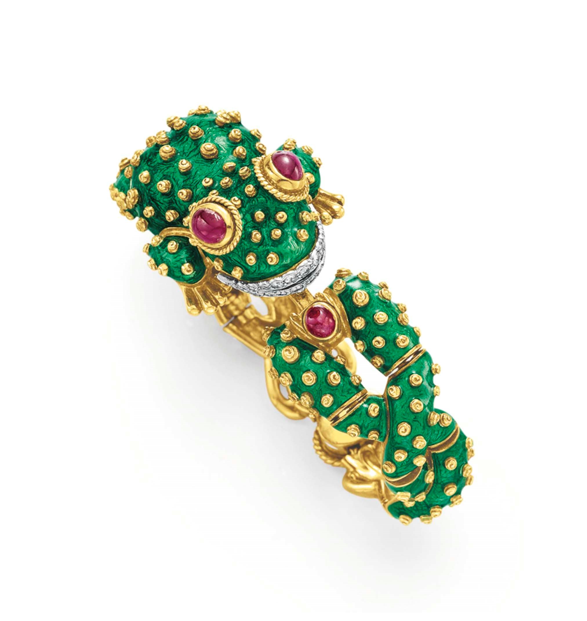 A DIAMOND, RUBY AND ENAMEL FROG BRACELET WATCH, BY DAVID WEBB