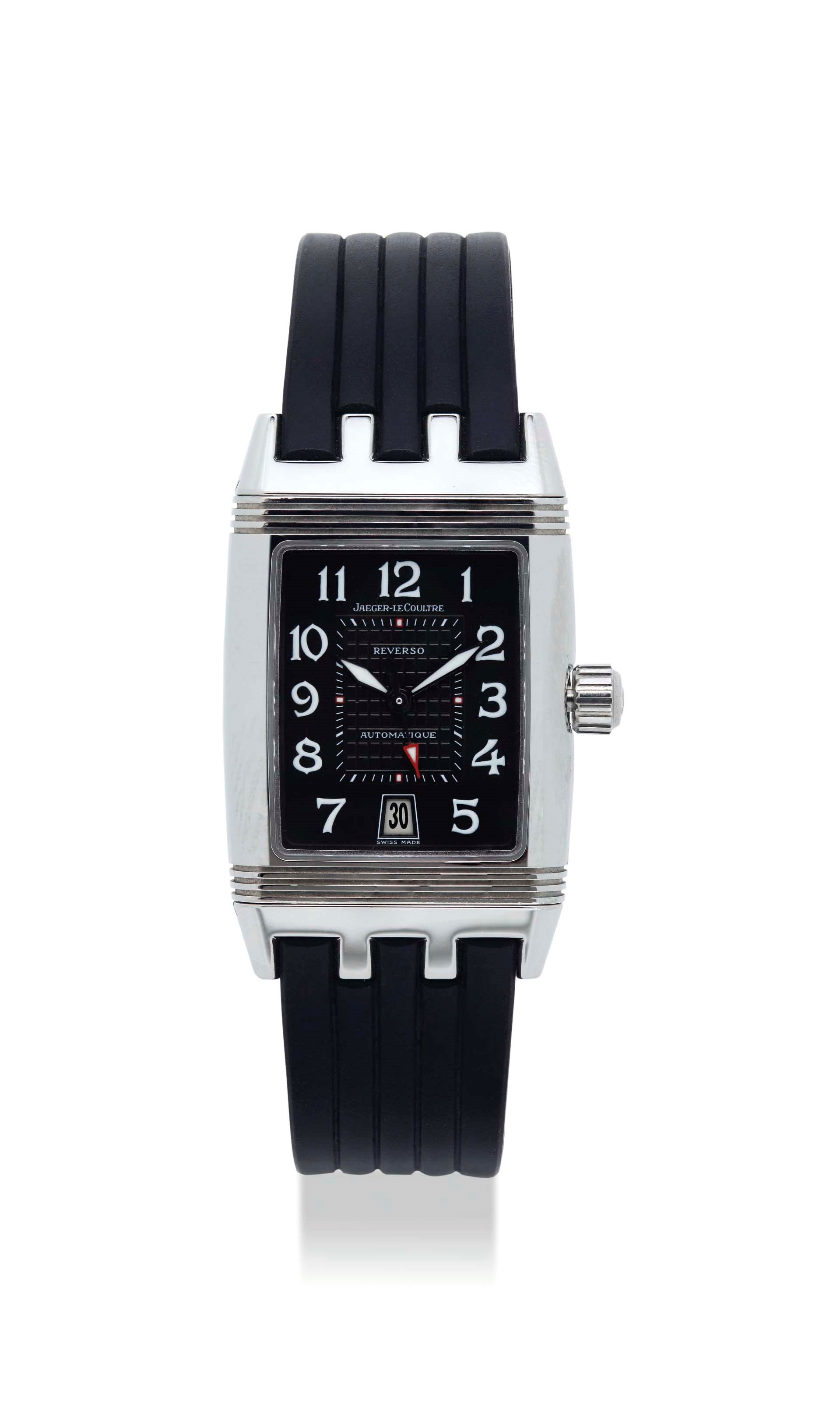 JAEGER LECOULTRE. A STAINLESS STEEL AUTOMATIC RECTANGULAR REVERSIBLE WRISTWATCH WITH DATE
SIGNED JAEGER-LECOULTRE, REVERSO GRANDSPORT MODEL, REF.290.8.60, CASE NO.2120091, CIRCA 2008