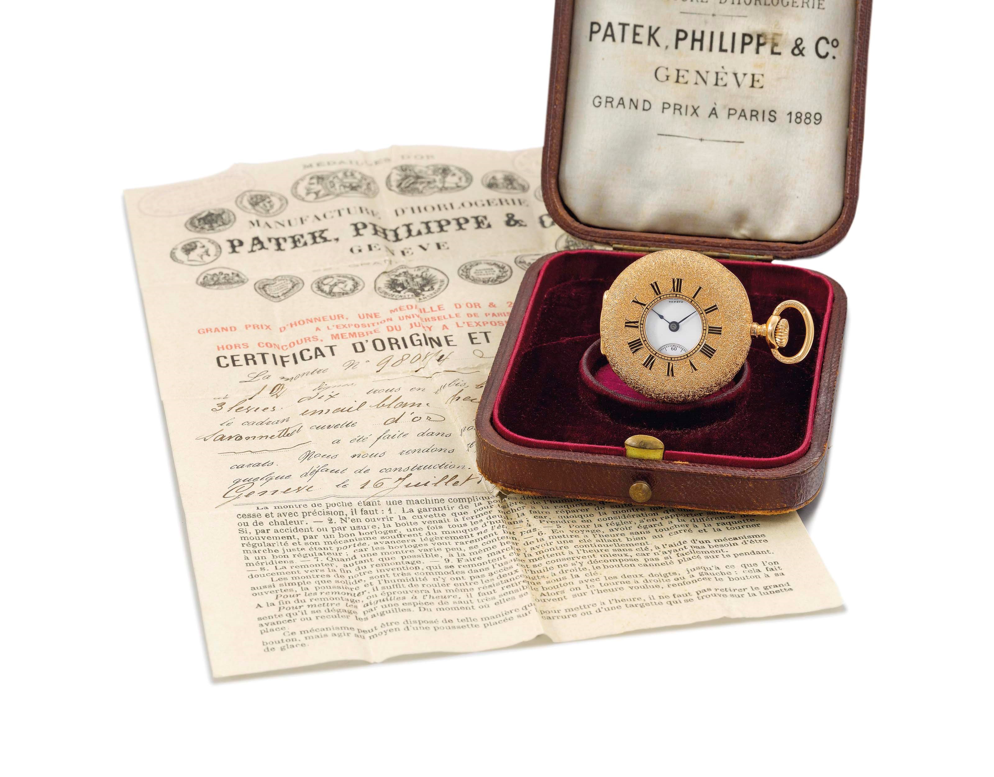 Patek Philippe. A fine and decorative 18K pink gold half hunter case keyless lever watch with original Certificate and box