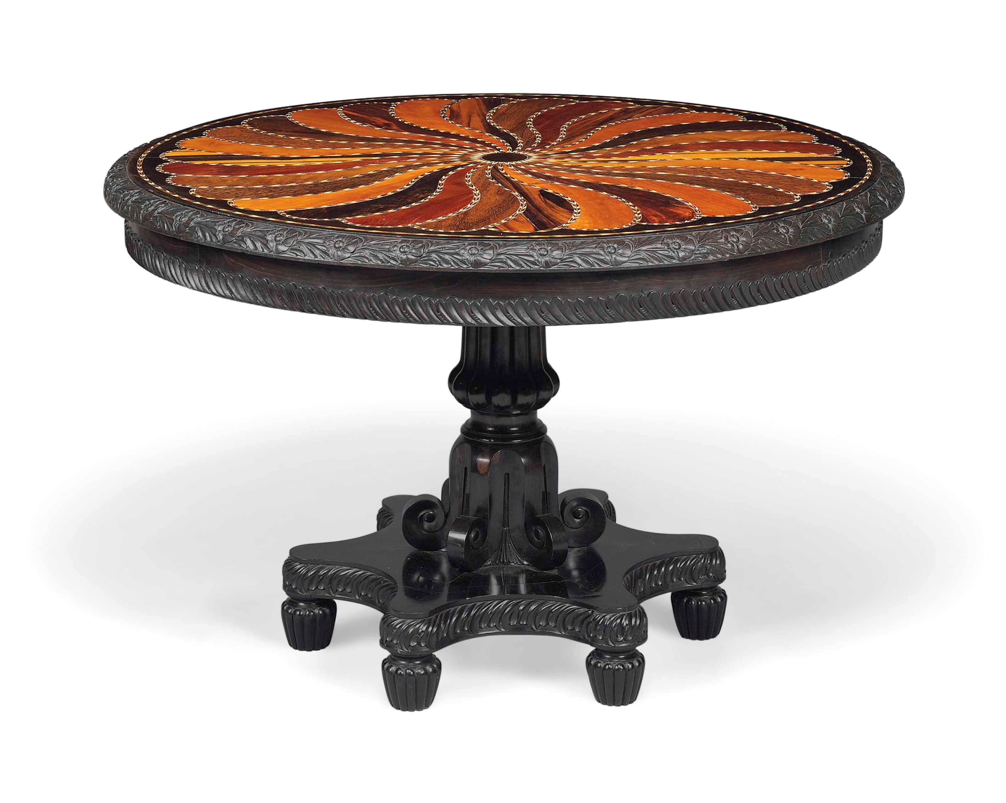 A CEYLONESE EBONY SPECIMEN WOOD INLAID CENTRE TABLE