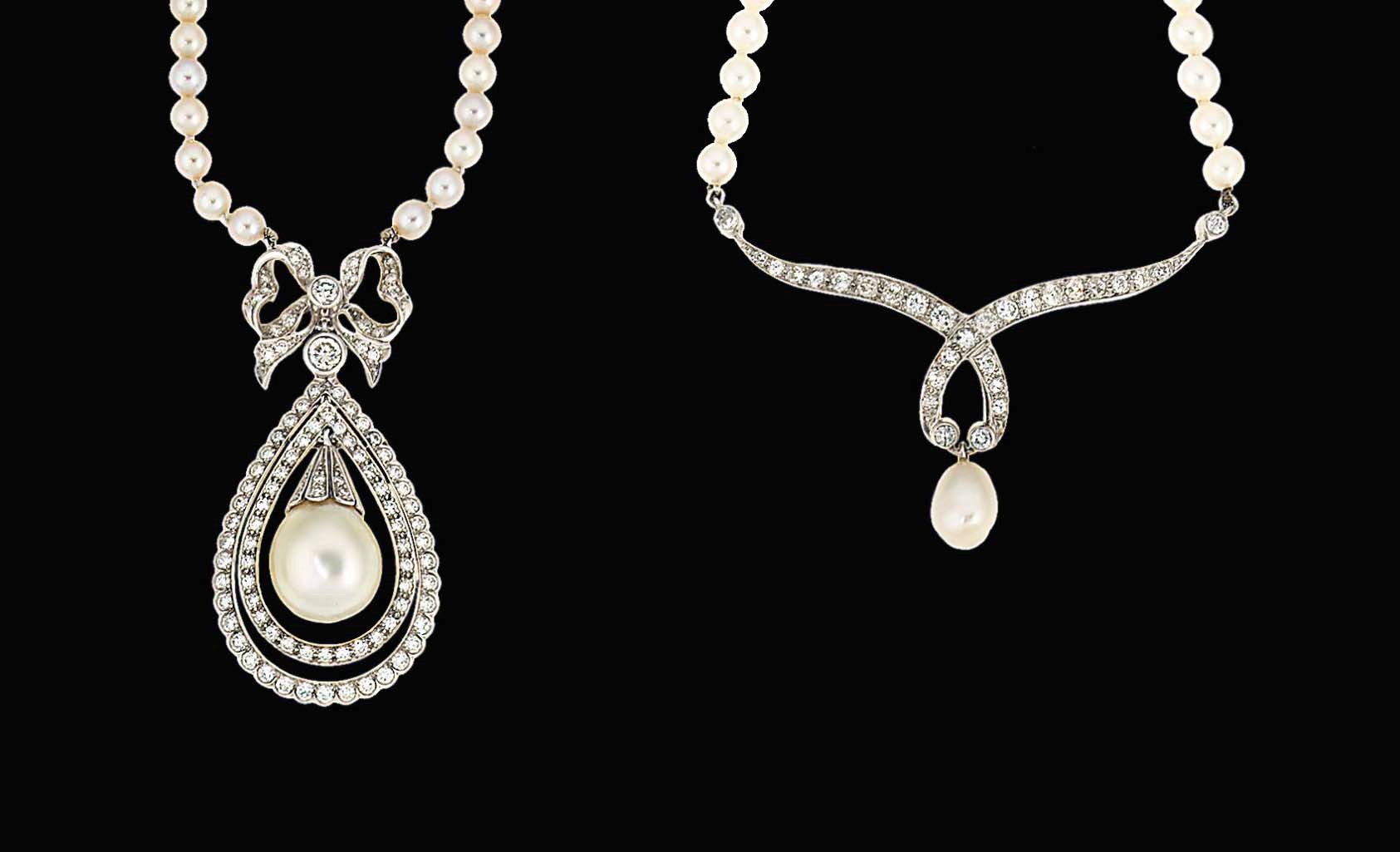 Two cultured pearl and diamond necklaces