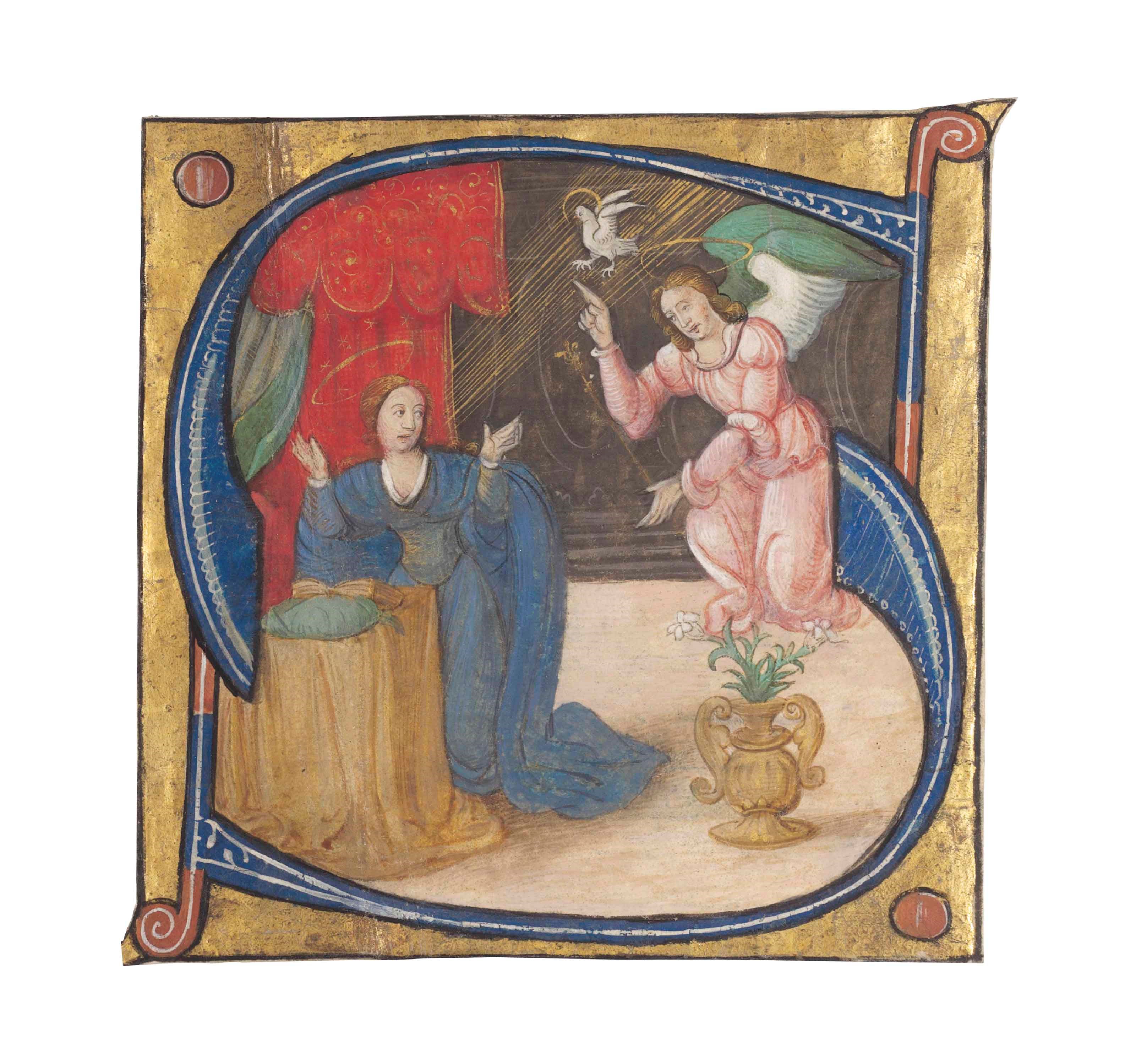 ANNUNCIATION IN AN INITIAL 'S', from a DECORATED MANUSCRIPT ON VELLUM, along with a large collection of other initials [13th century and later]. A group of 122 initials, ranging in size from 10 x 18mm - 162 x 192mm, the majority cut from choirbook leaves.