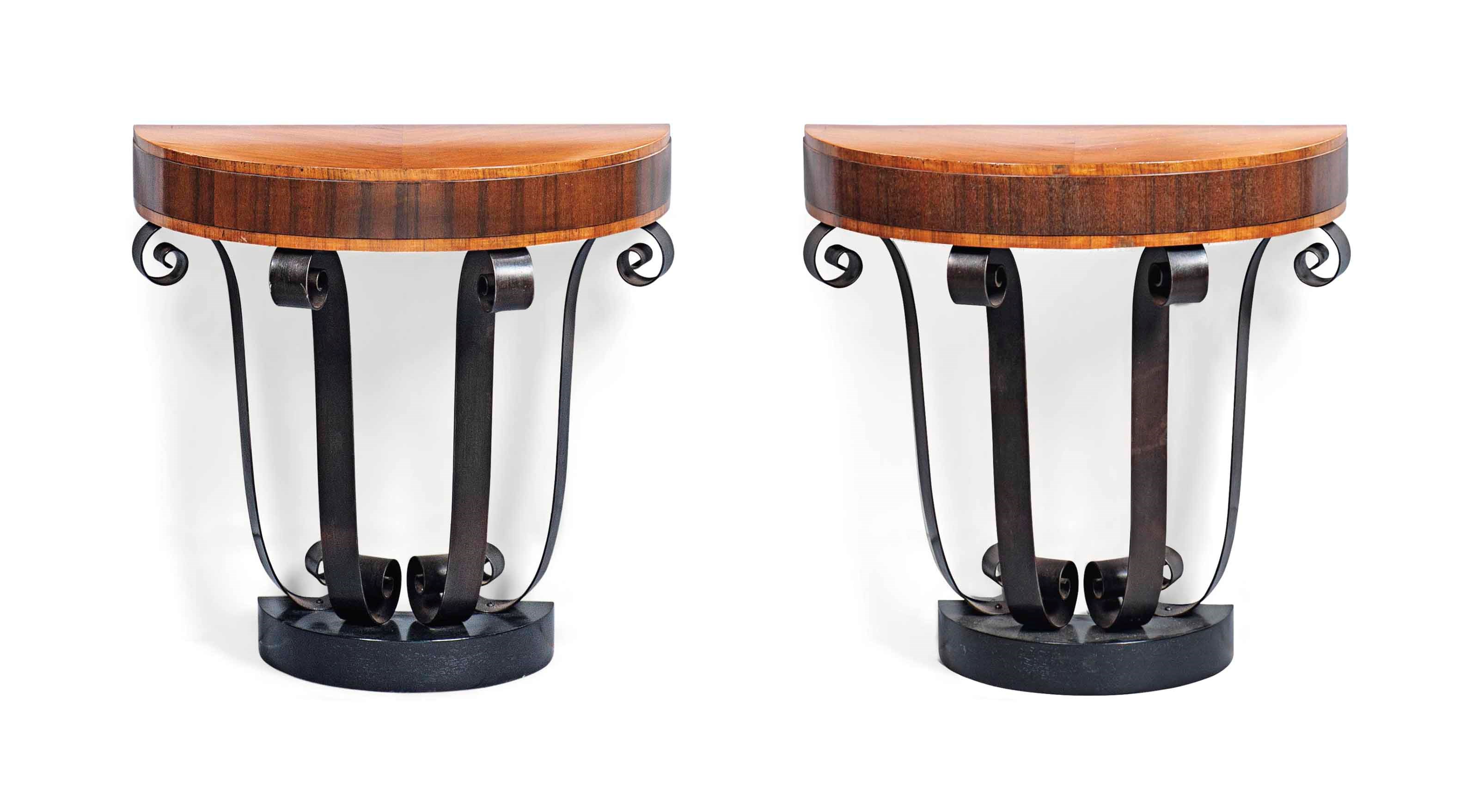 A PAIR OF CHARLES CAMERON BAILLIE WALNUT AND MAHOGANY DEMI-LUNE CONSOLE TABLES