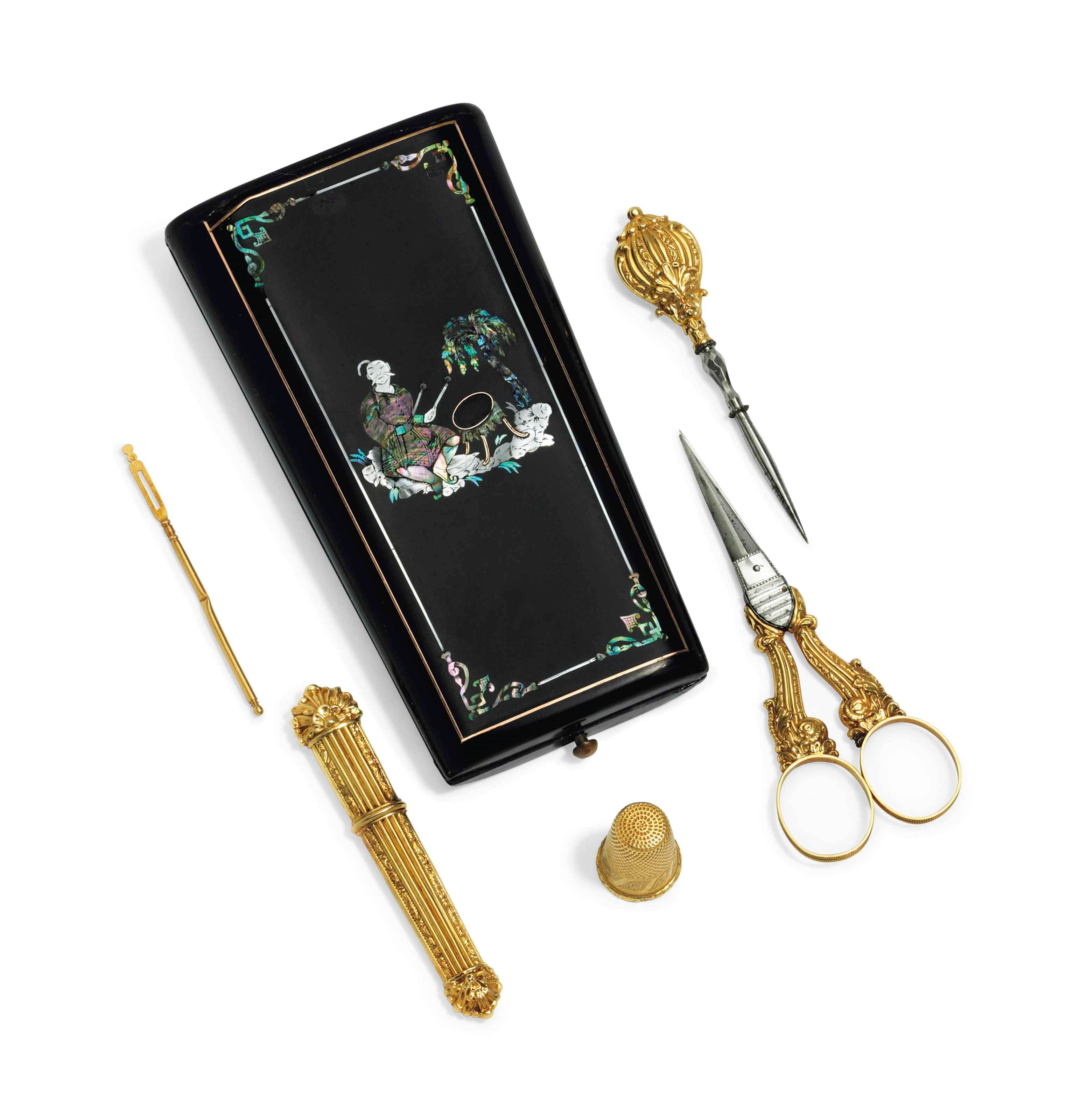 A FRENCH GOLD-MOUNTED TORTOISESHELL SEWING NECESSAIRE