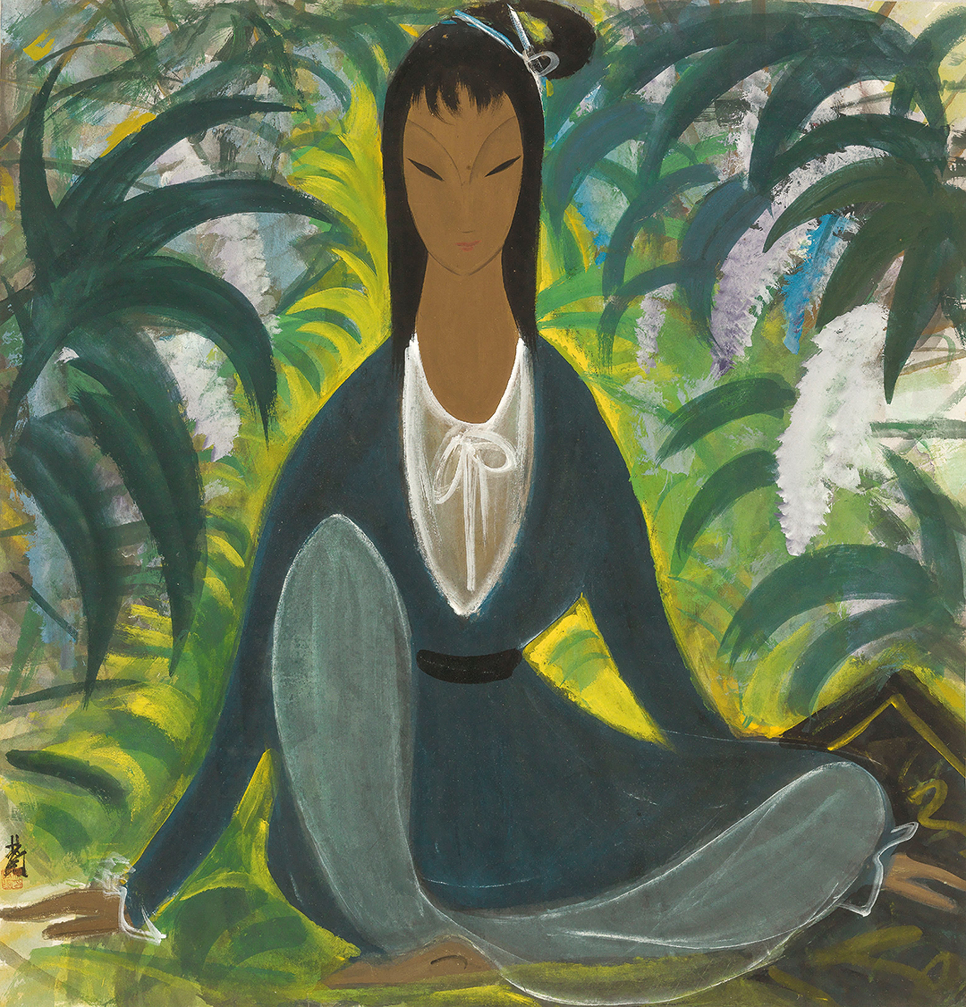 花園中靜坐的仕女