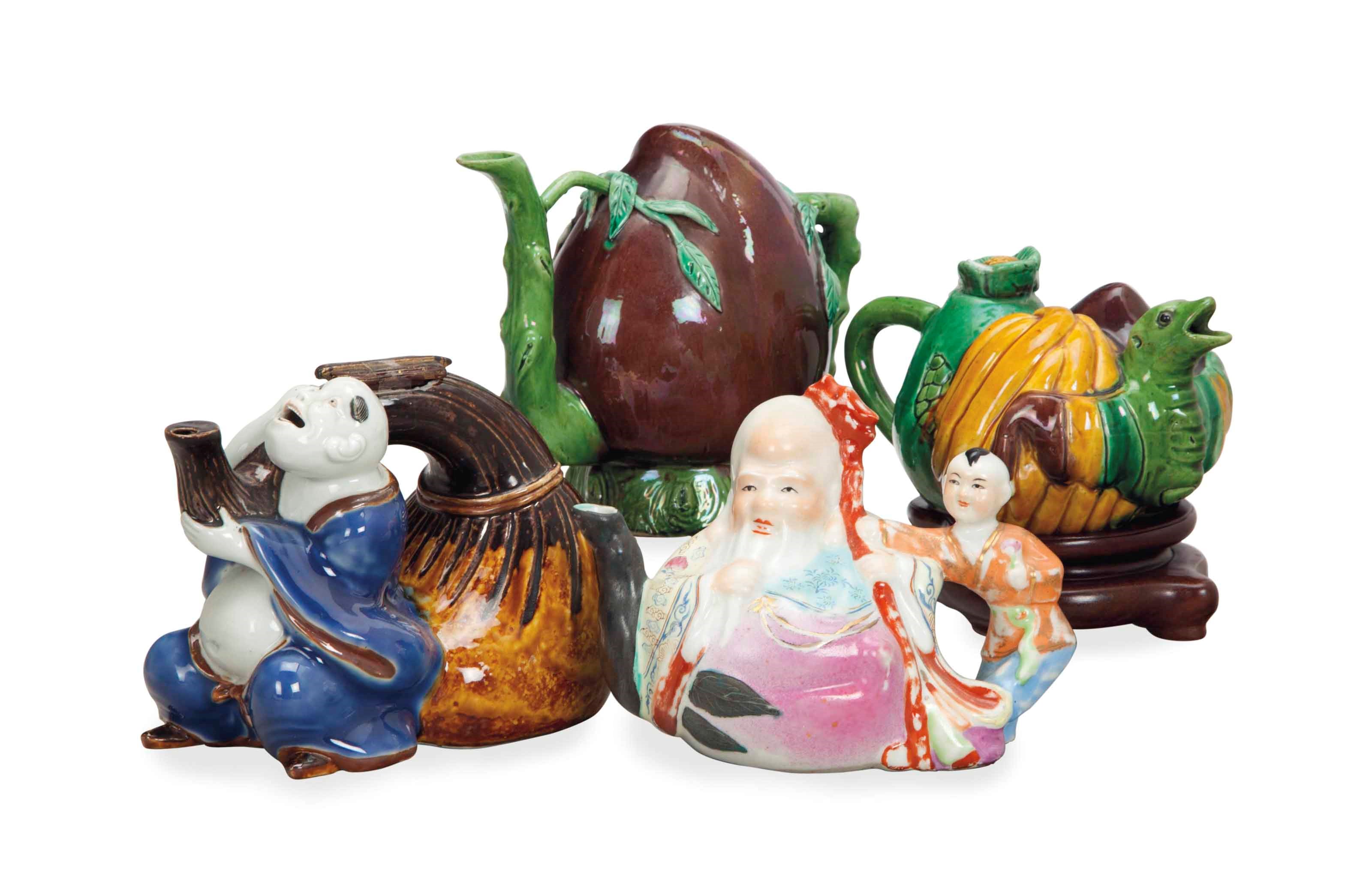 FOUR CHINESE FIGURAL TEAPOTS,