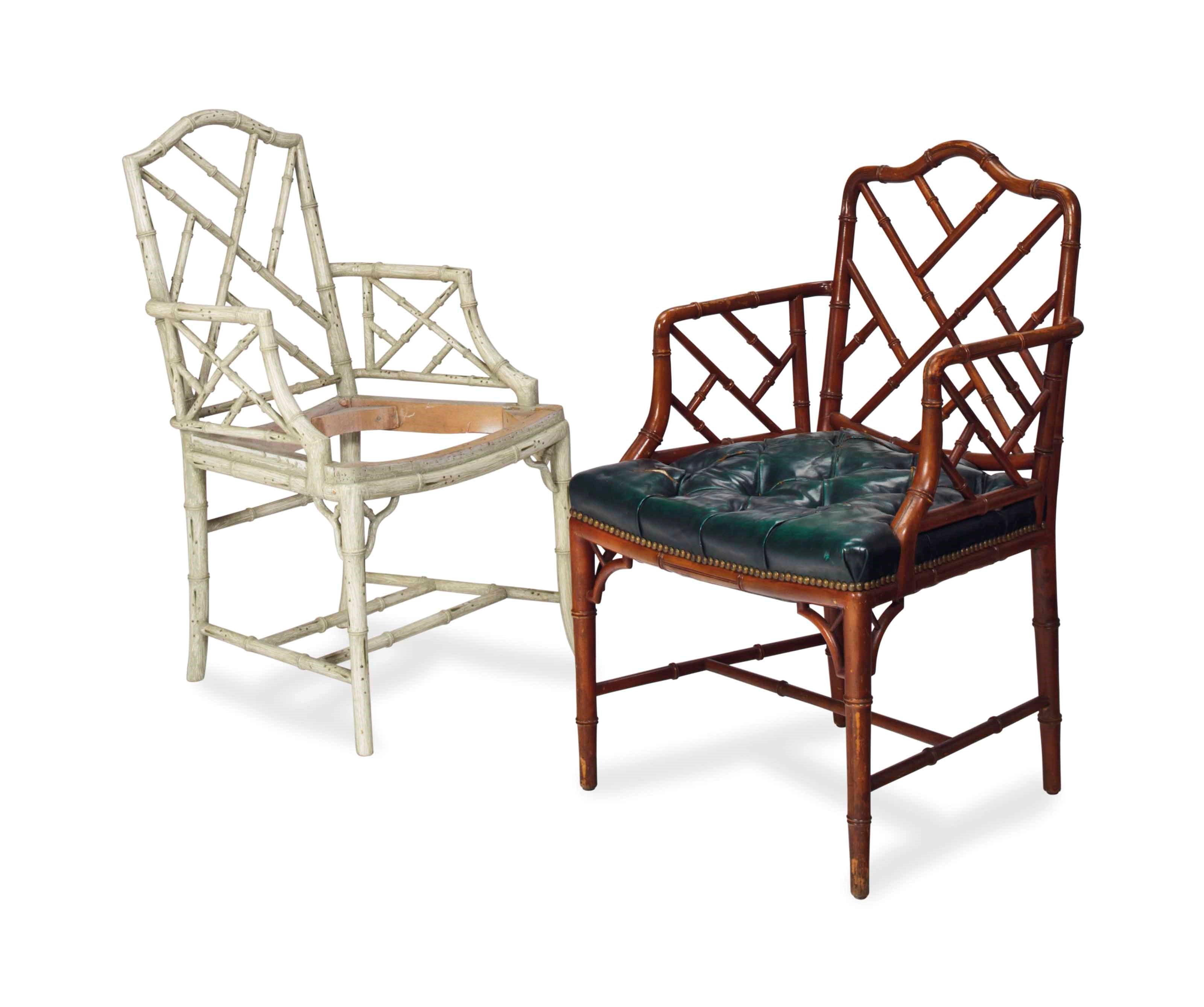 TWO PAIRS OF BAMBOO-FORM OPEN ARMCHAIRS,