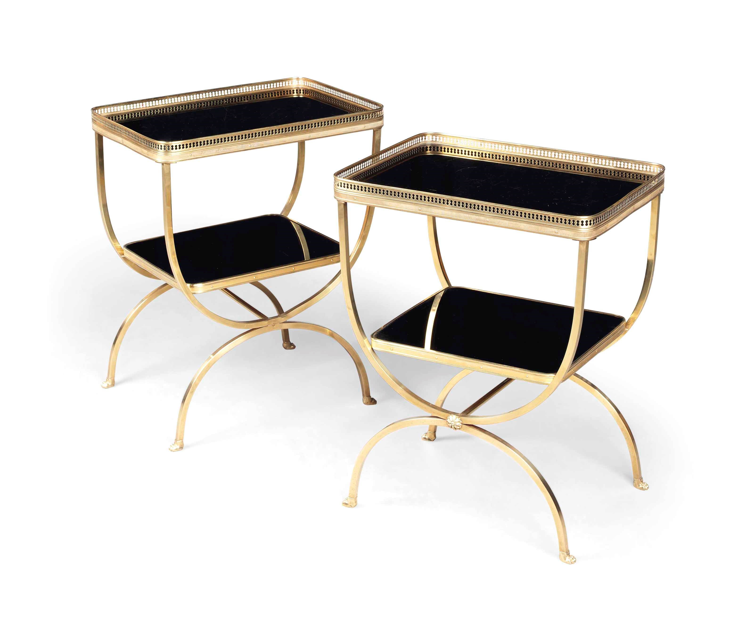 A PAIR OF FRENCH GILT-METAL TWO-TIER OCCASIONAL TABLES