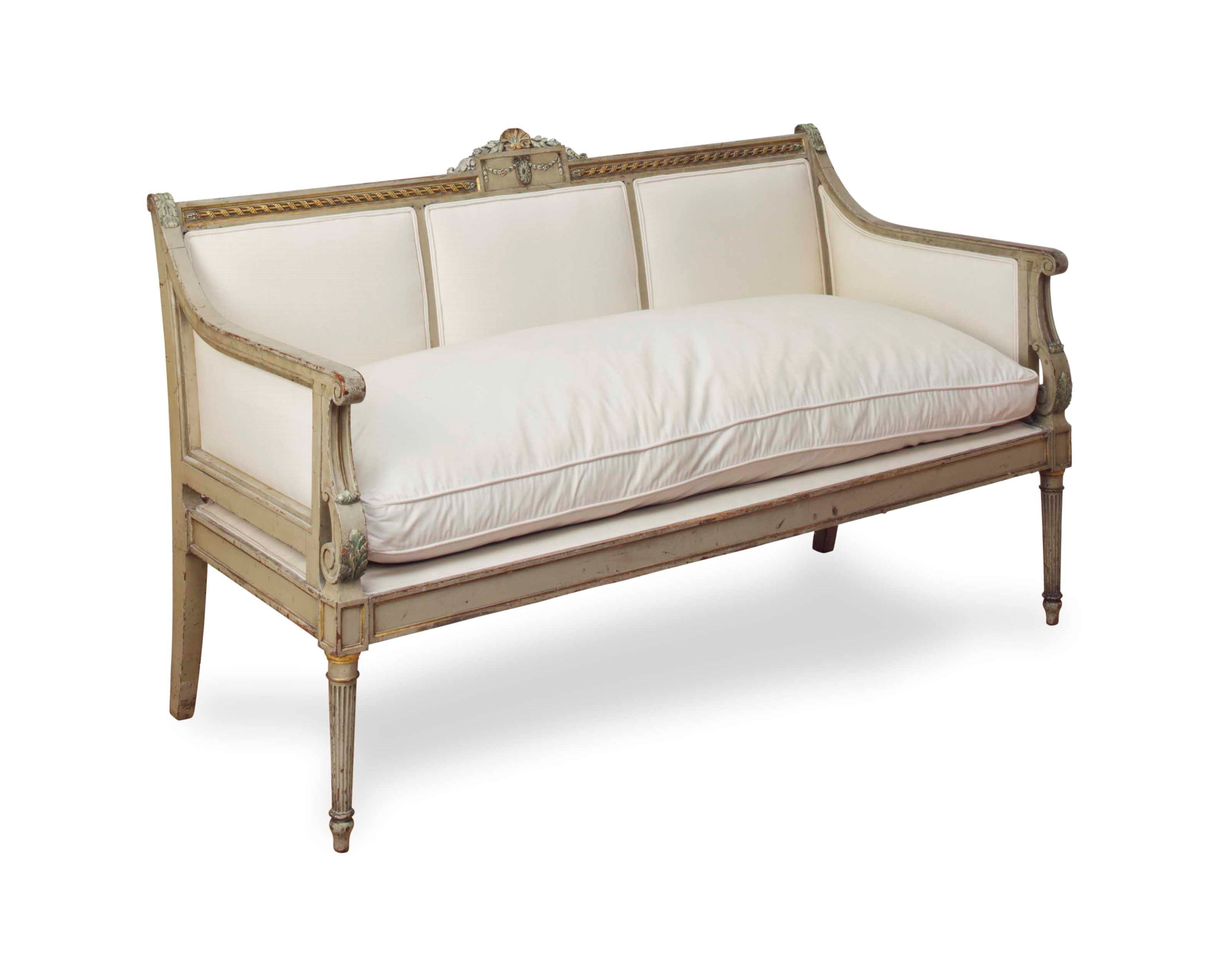 A POLYCHROME AND GREY-PAINTED SETTEE,