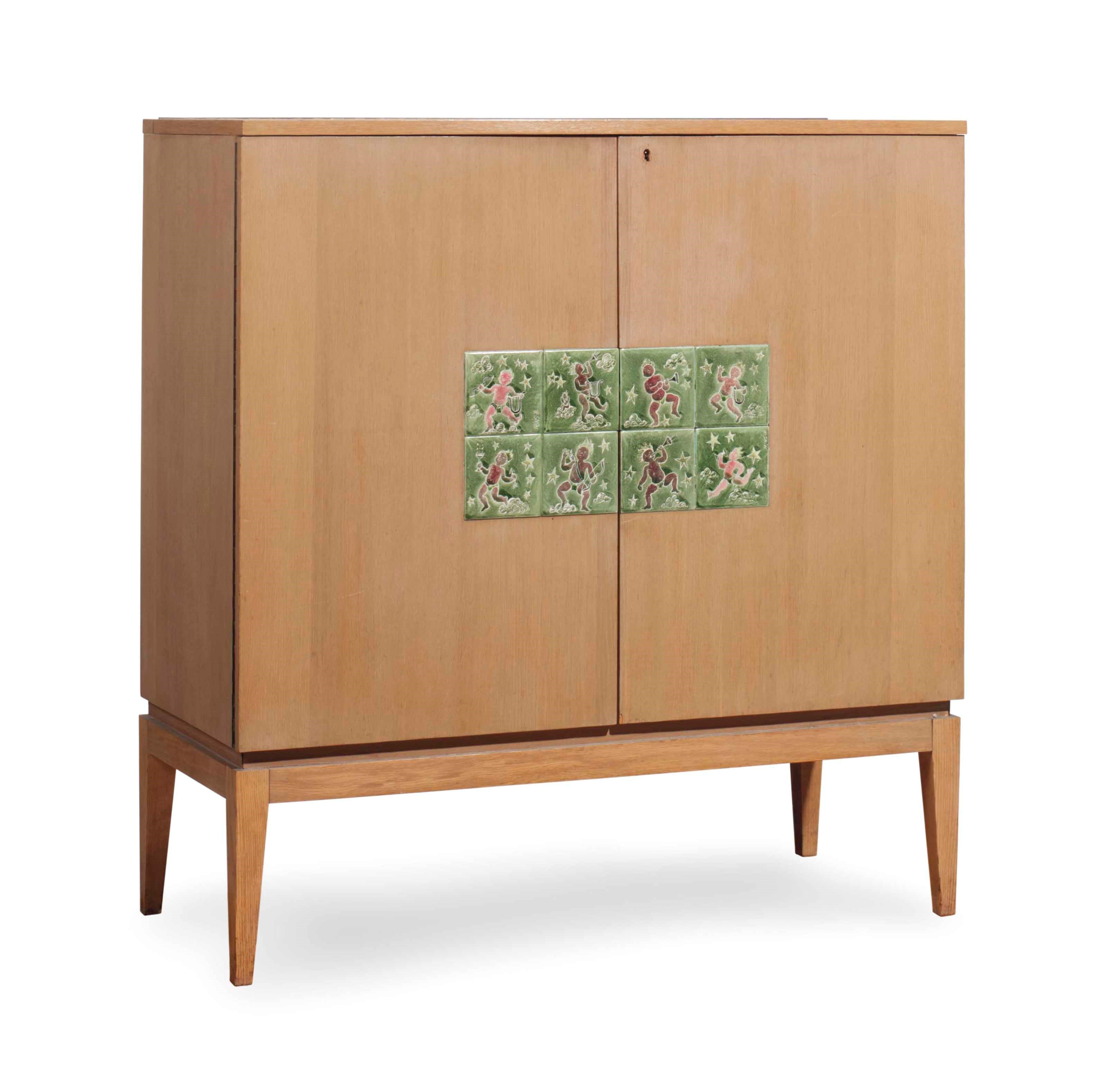 AN OAK AND CERAMIC TILE DRY BAR,