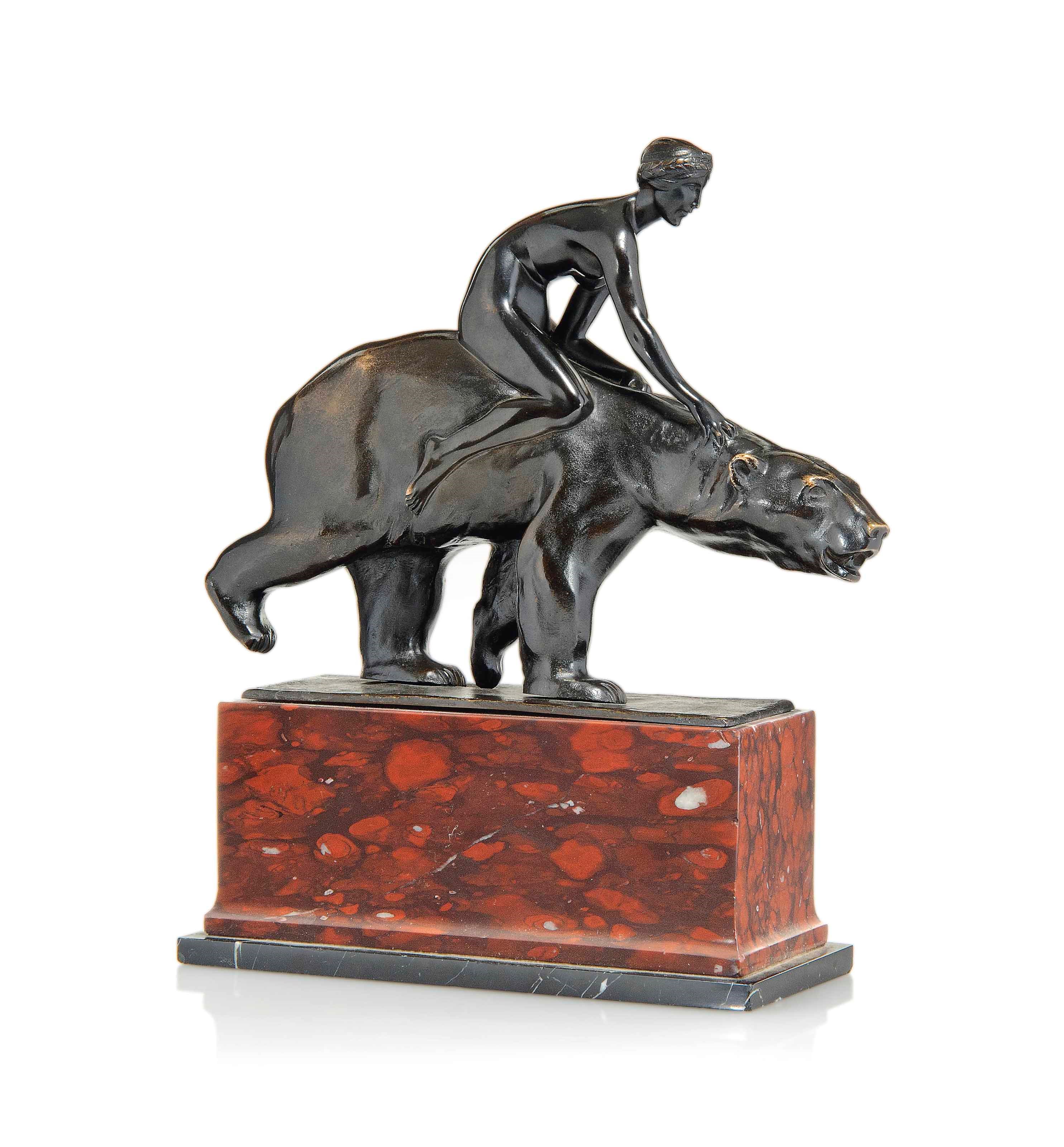 'GIRL RIDING A BEAR', A BERTHOLD NEBEL (1889-1964) PATINATED BRONZE GROUP
