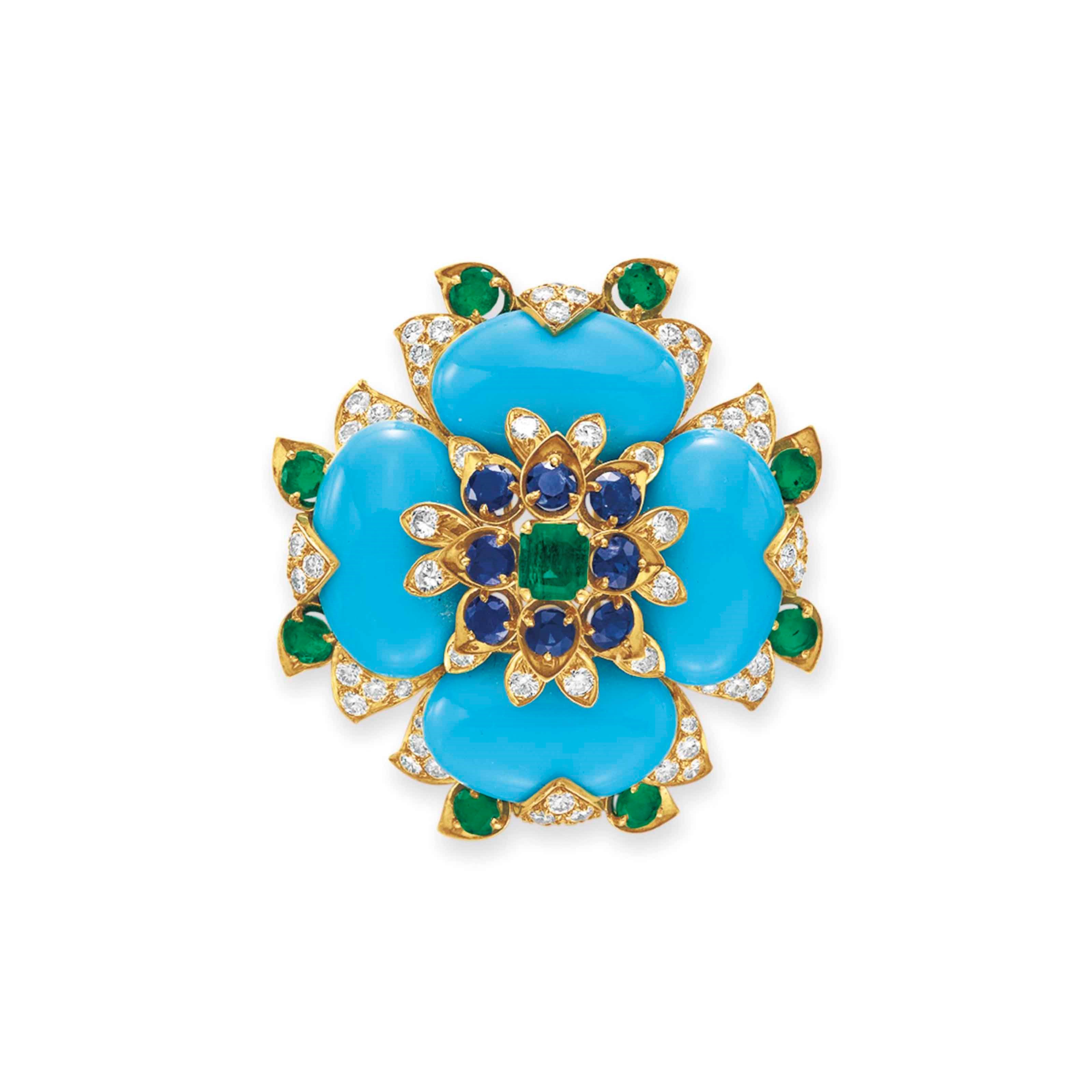 A MULTI-GEM AND SIMULATED TURQUOISE BROOCH, BY DAVID WEBB