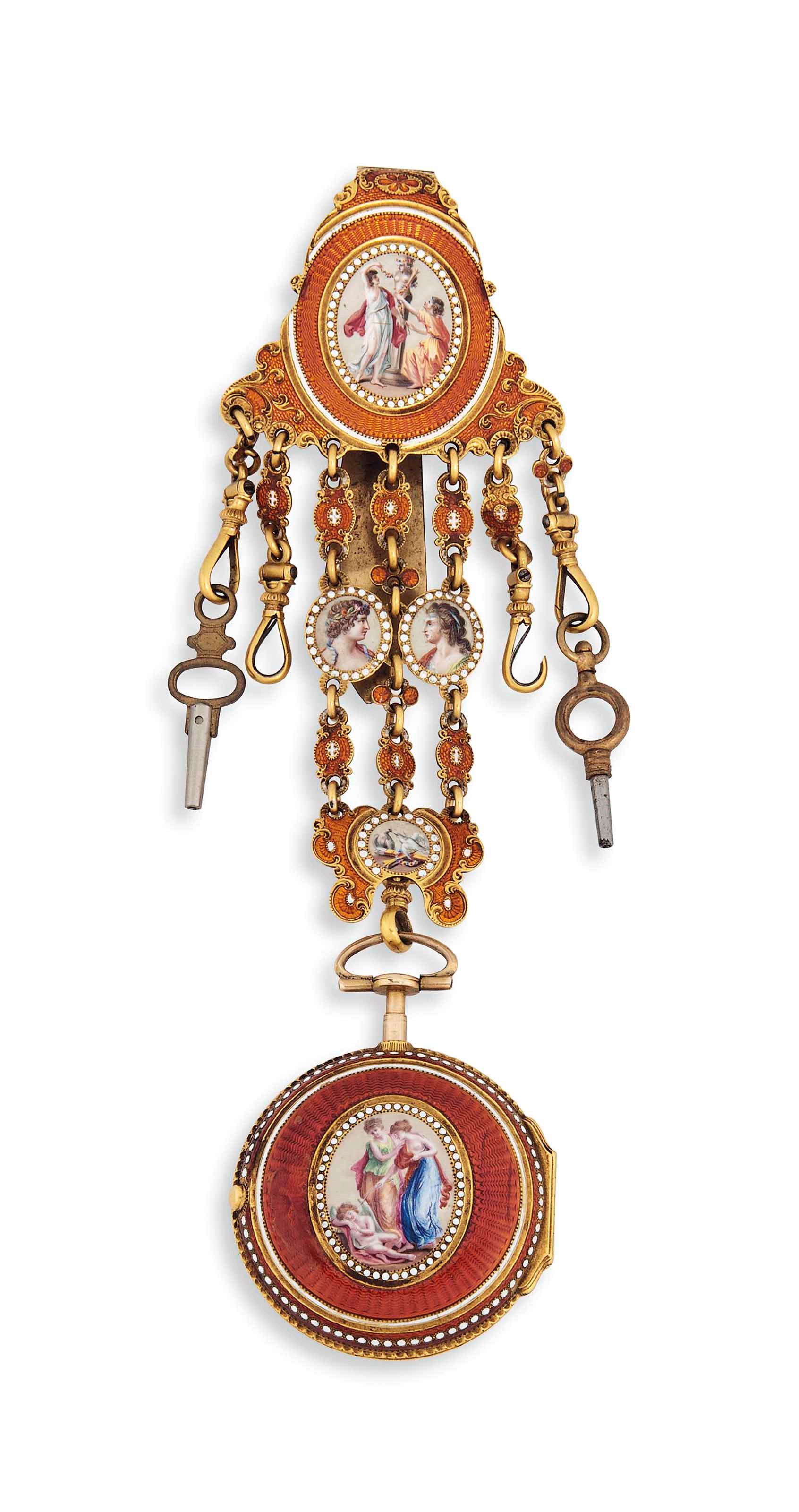 A LATE 18TH CENTURY ENGLISH GOLD AND ENAMEL POCKET WATCH AND CHATELAINE