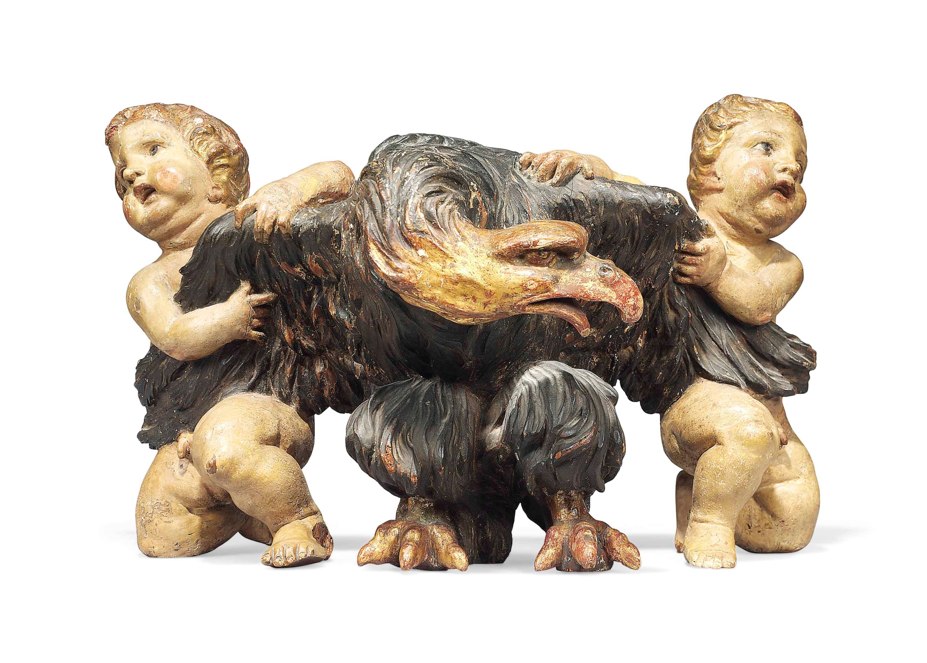 AN IBERIAN PARCEL-GILT POLYCHROME-DECORATED PINE GROUP