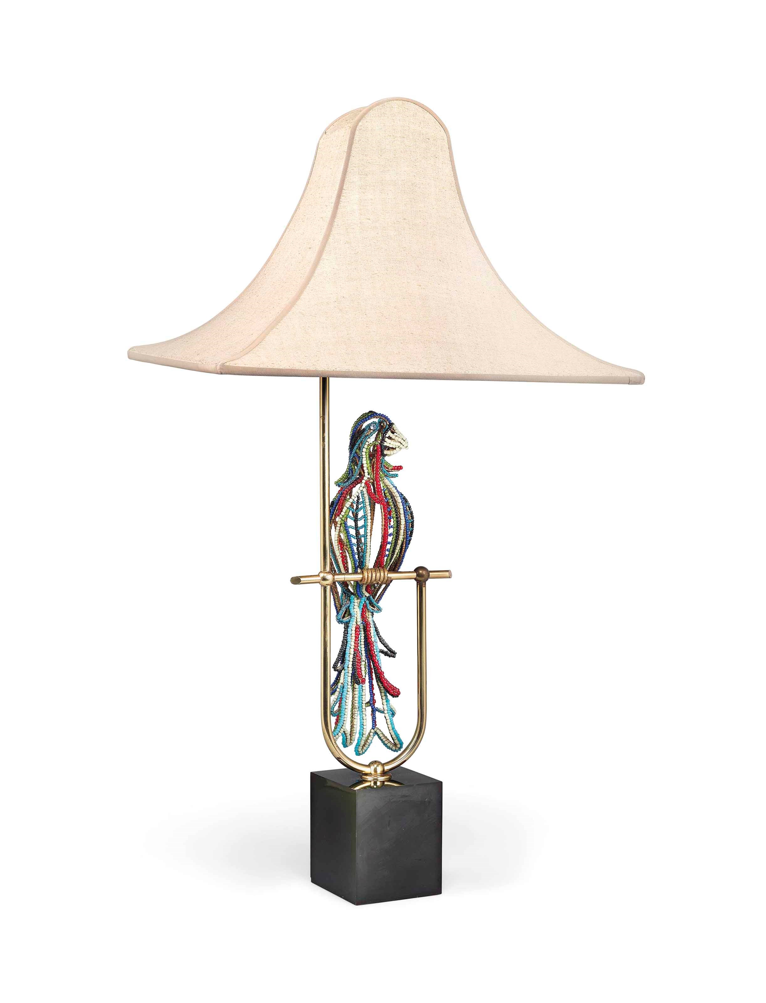 A BEAD-WORK AND BRASS TABLE LAMP MODELLED AS A PERCHING PARROT