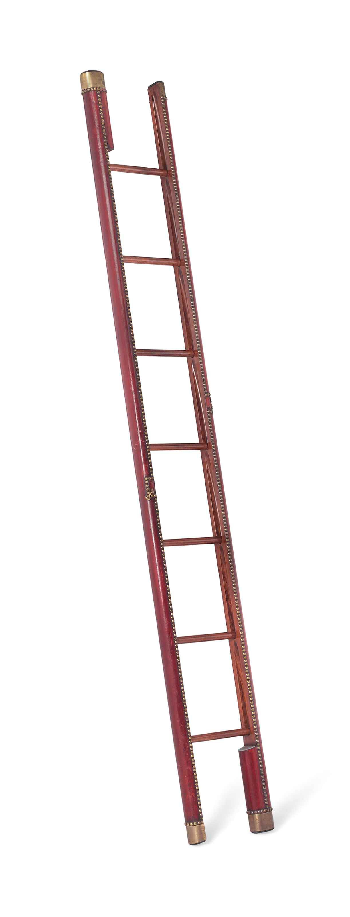 A CLOSE-NAILED RED-LEATHER LIBRARY POLE-LADDER