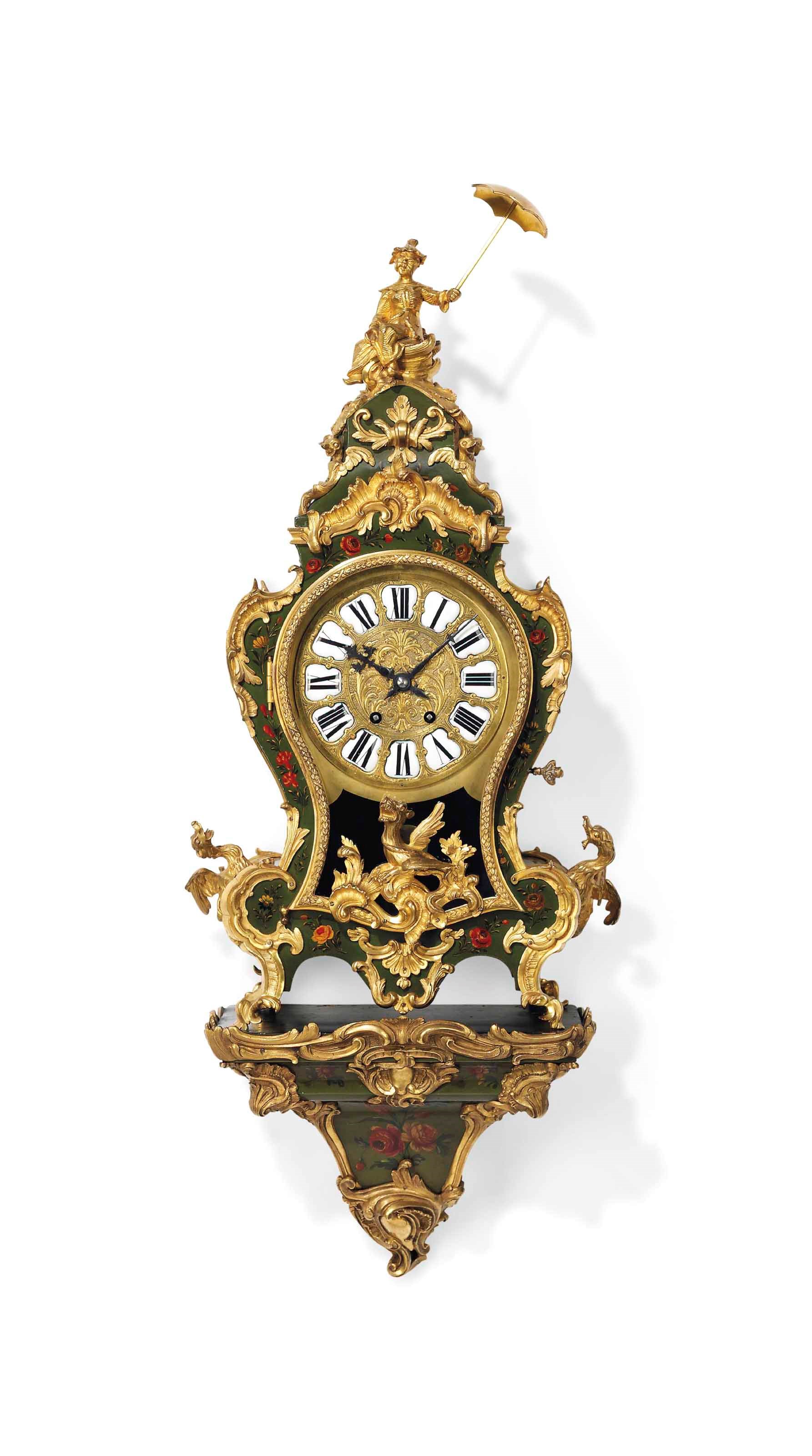 A FRENCH GILT-BRONZE MOUNTED VERNIS-MARTIN STRIKING BRACKET CLOCK