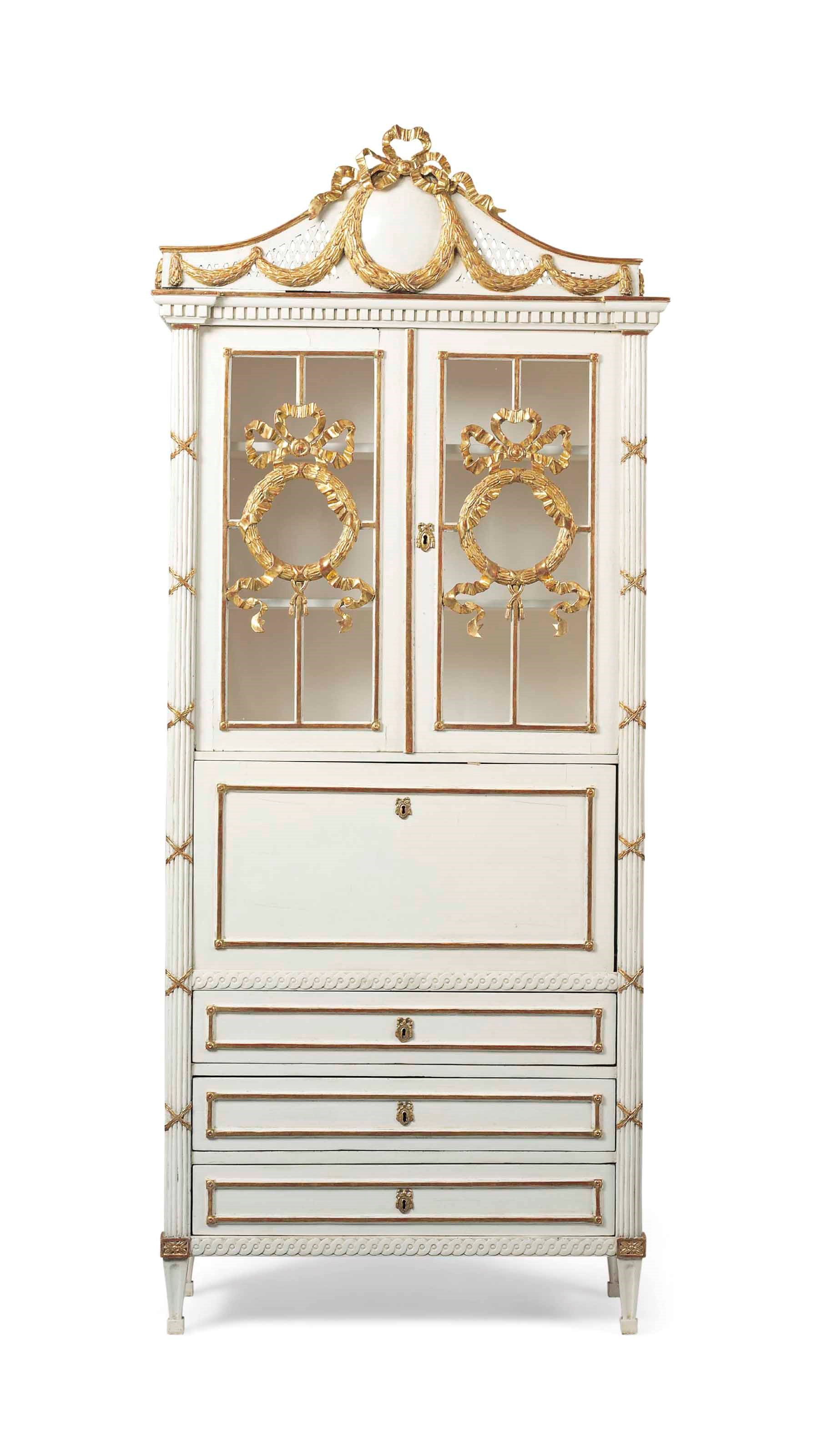 A SWEDISH PARCEL-GILT WHITE-PAINTED AND BUREAU BOOKCASE